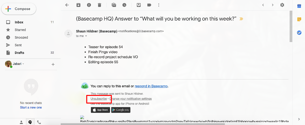 an image showing a red box highlight the 'unsubscribe' link in an email notification