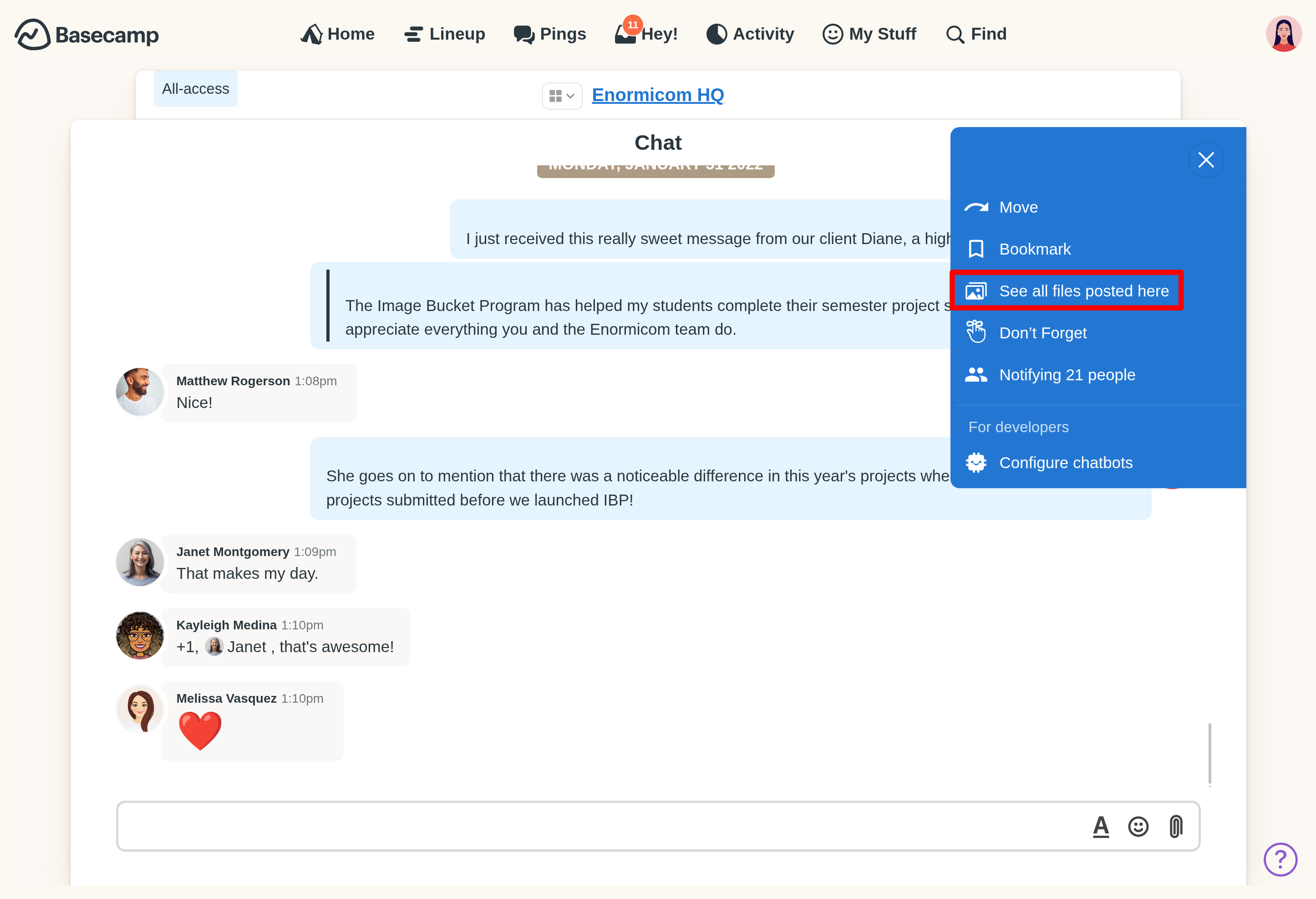 an image with a red box highlighting the option to see all files posted in a chat