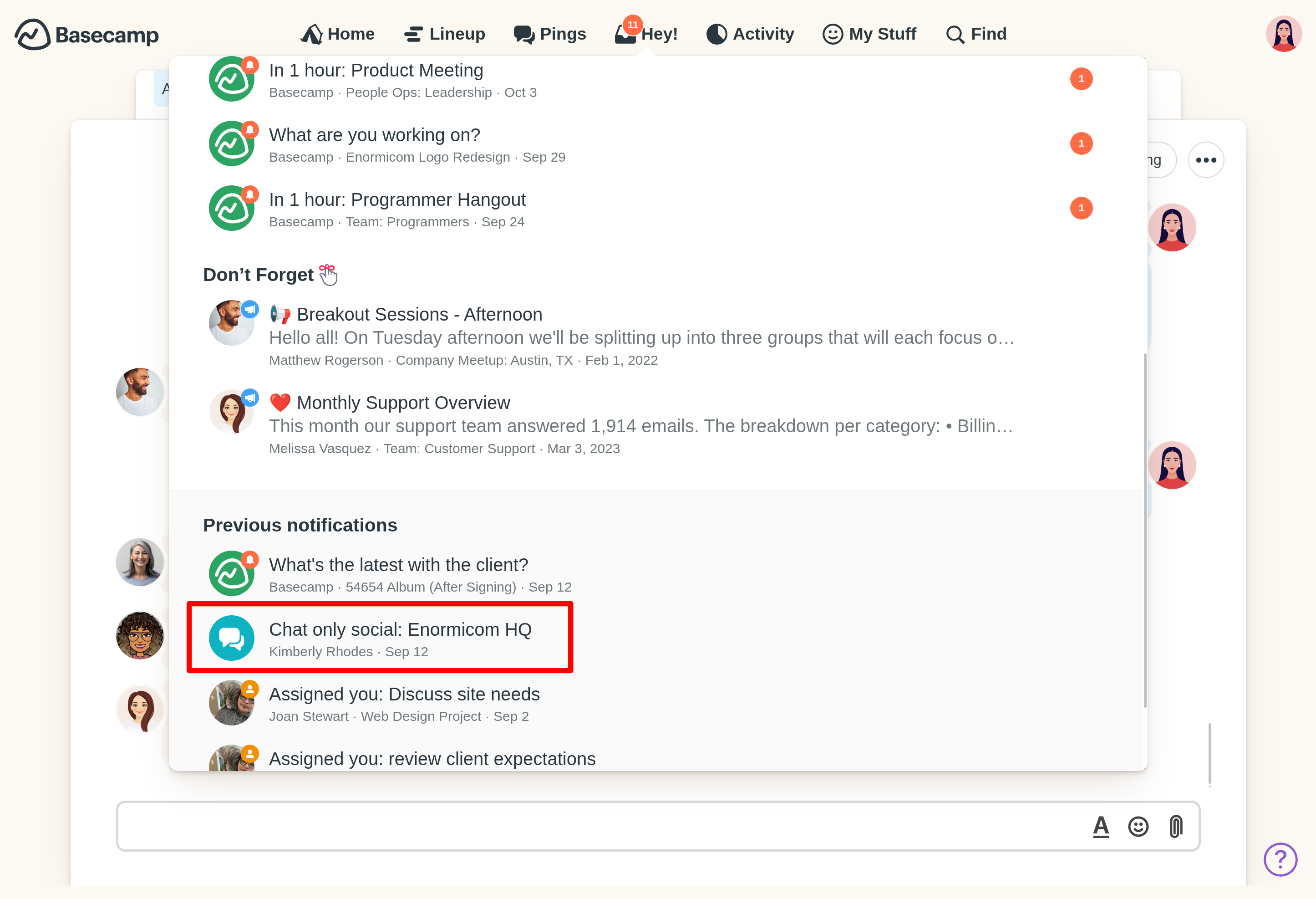 an image showing a red box highlighting the newest hey stack notification of a chat