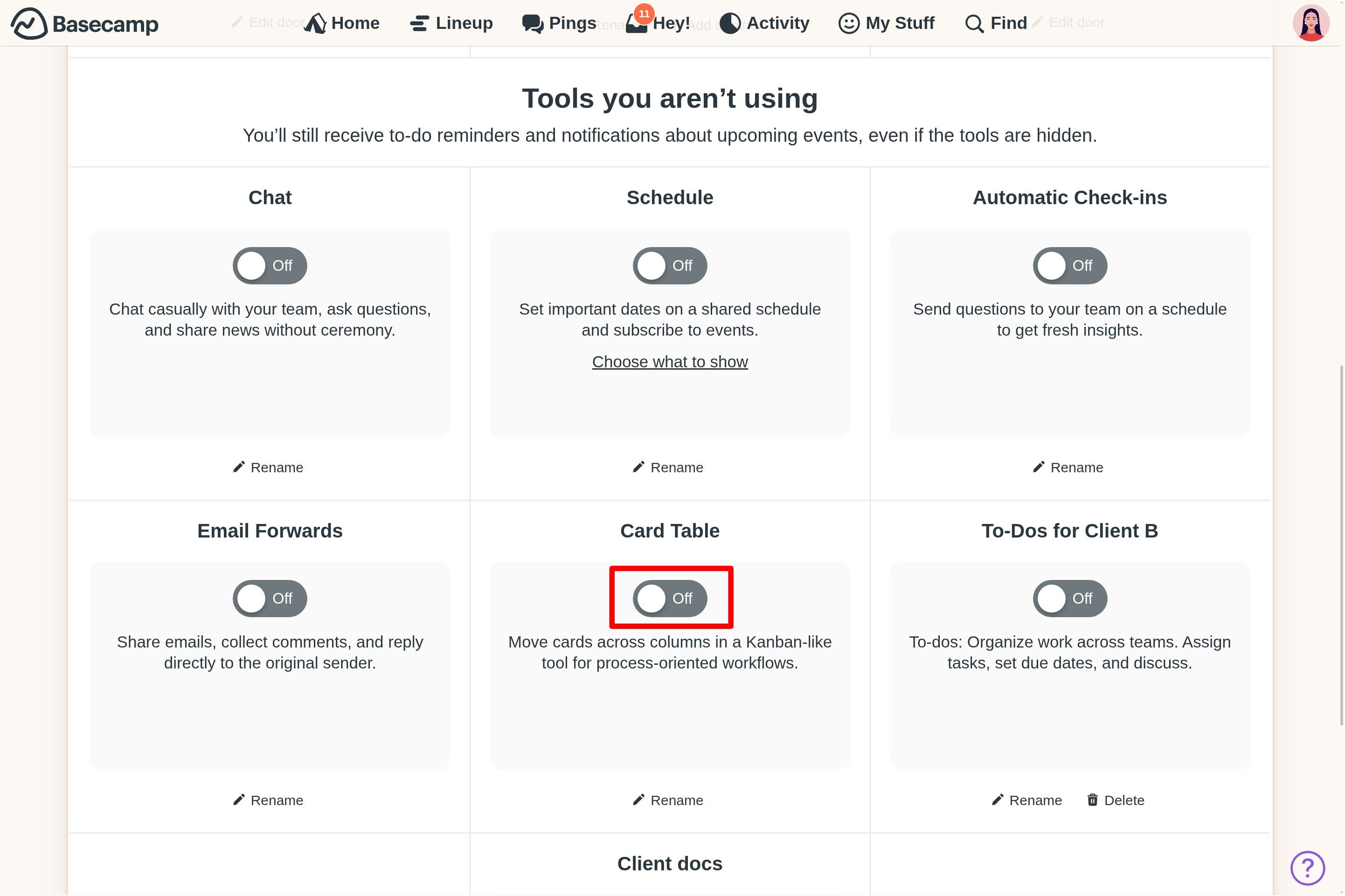 an image showing a red box highlighting the on/off toggle on project tool set up for card tables