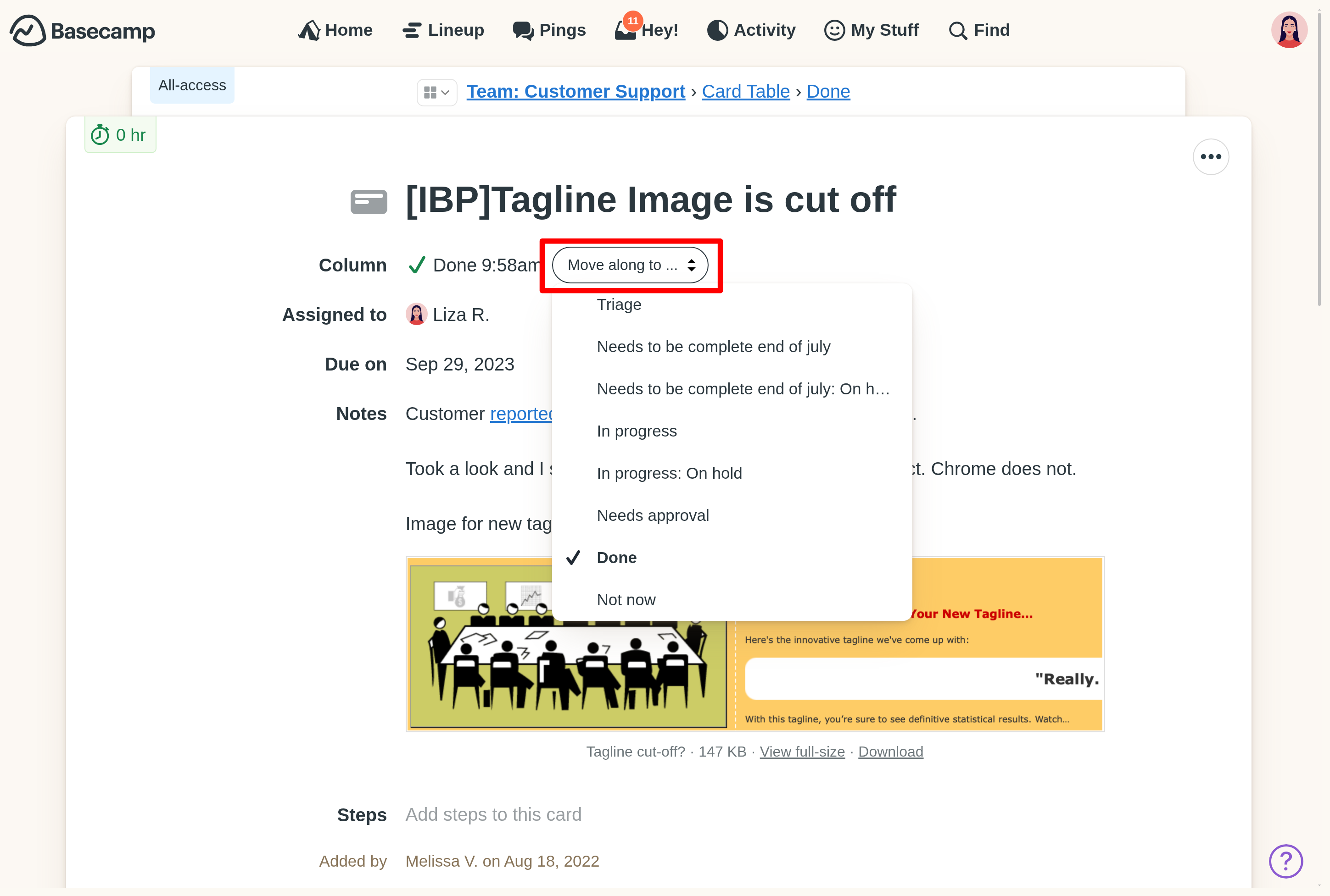 A screenshot of a Card with an arrow pointed to the 'Move along to...' menu