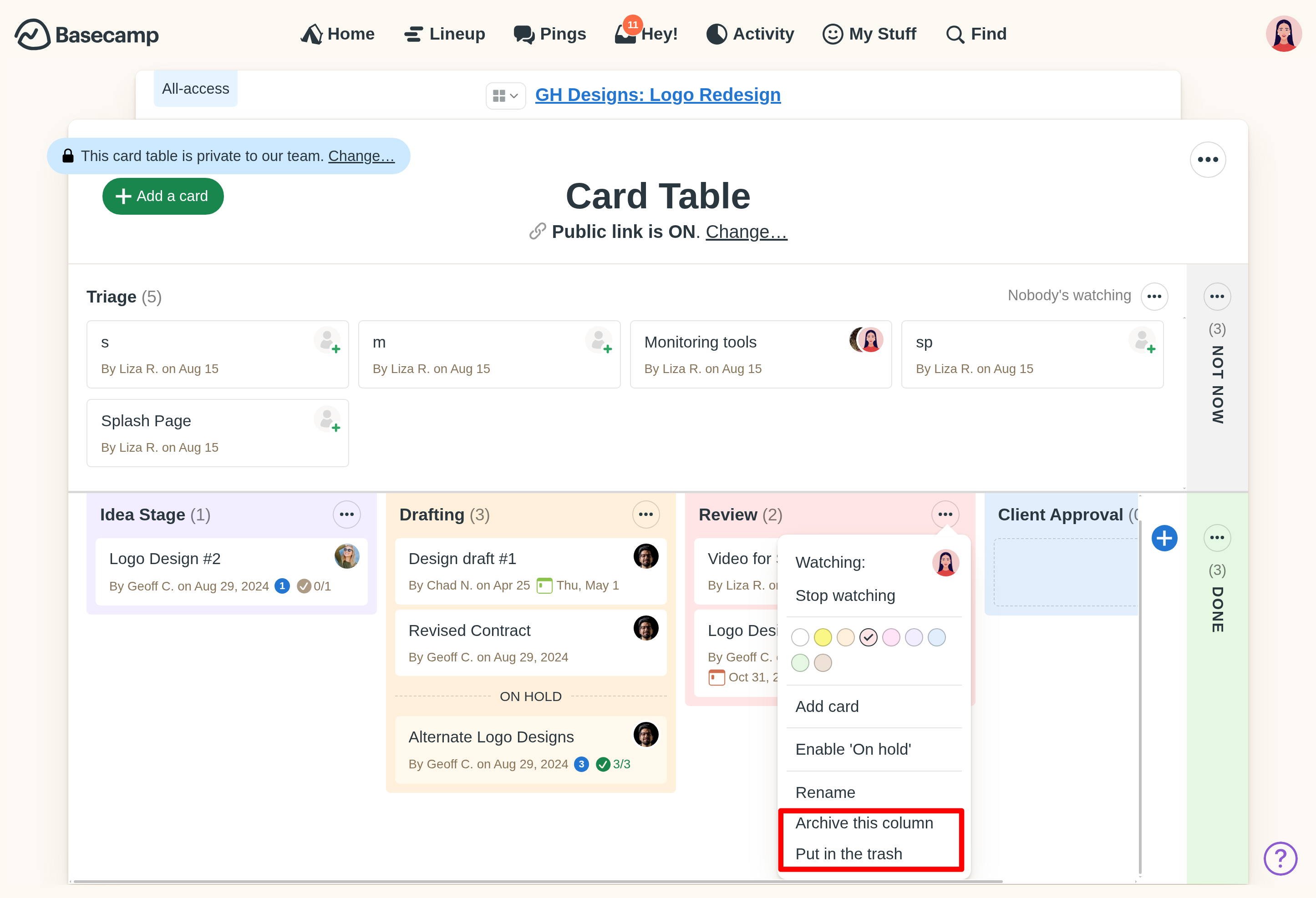 A screenshot of the column options menu with 'Archive this column' and 'Put in trash' highlighted.