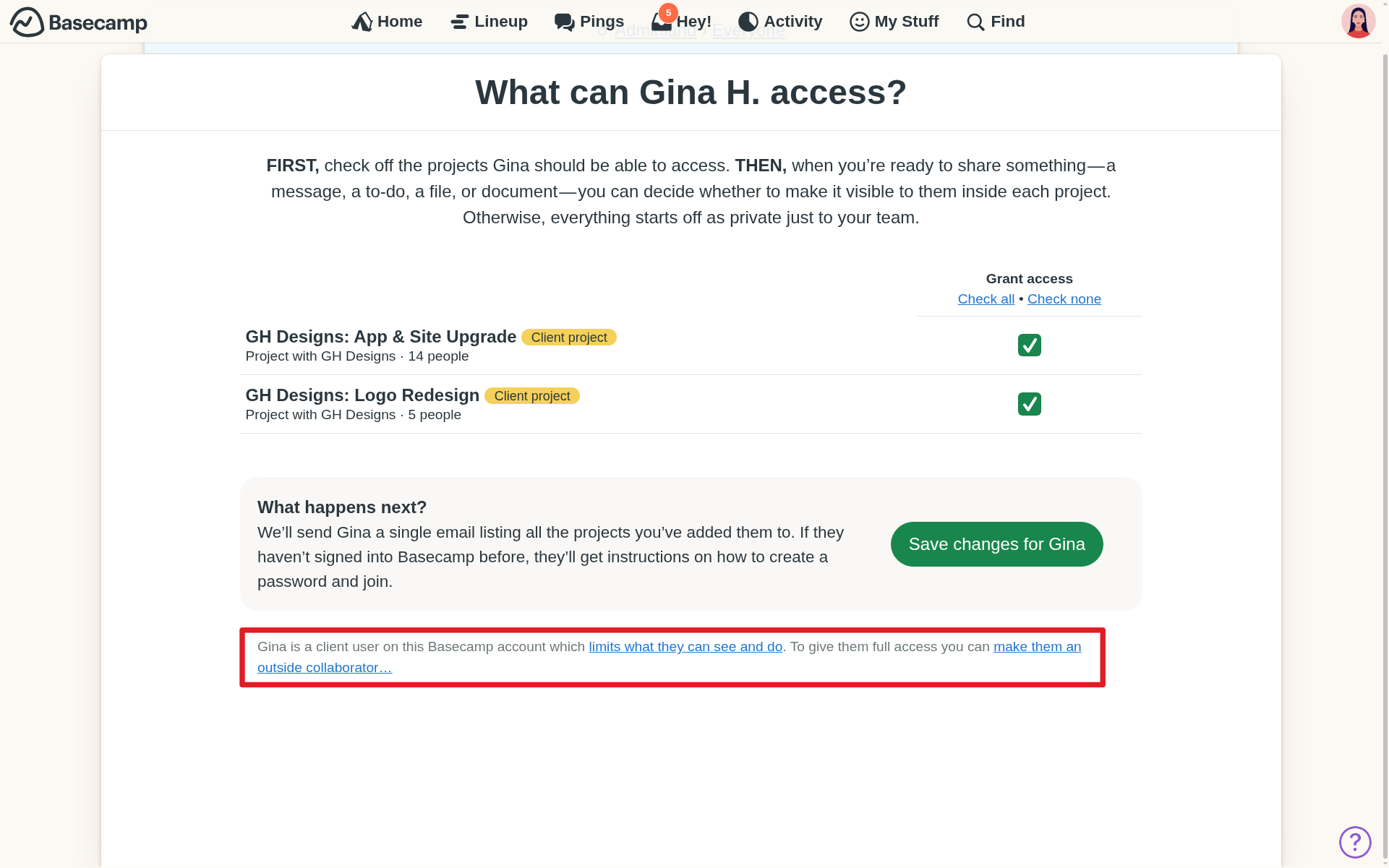 Screenshot of an arrow pointing to the “limits what they can see and do” and “make them an outside collaborator” links