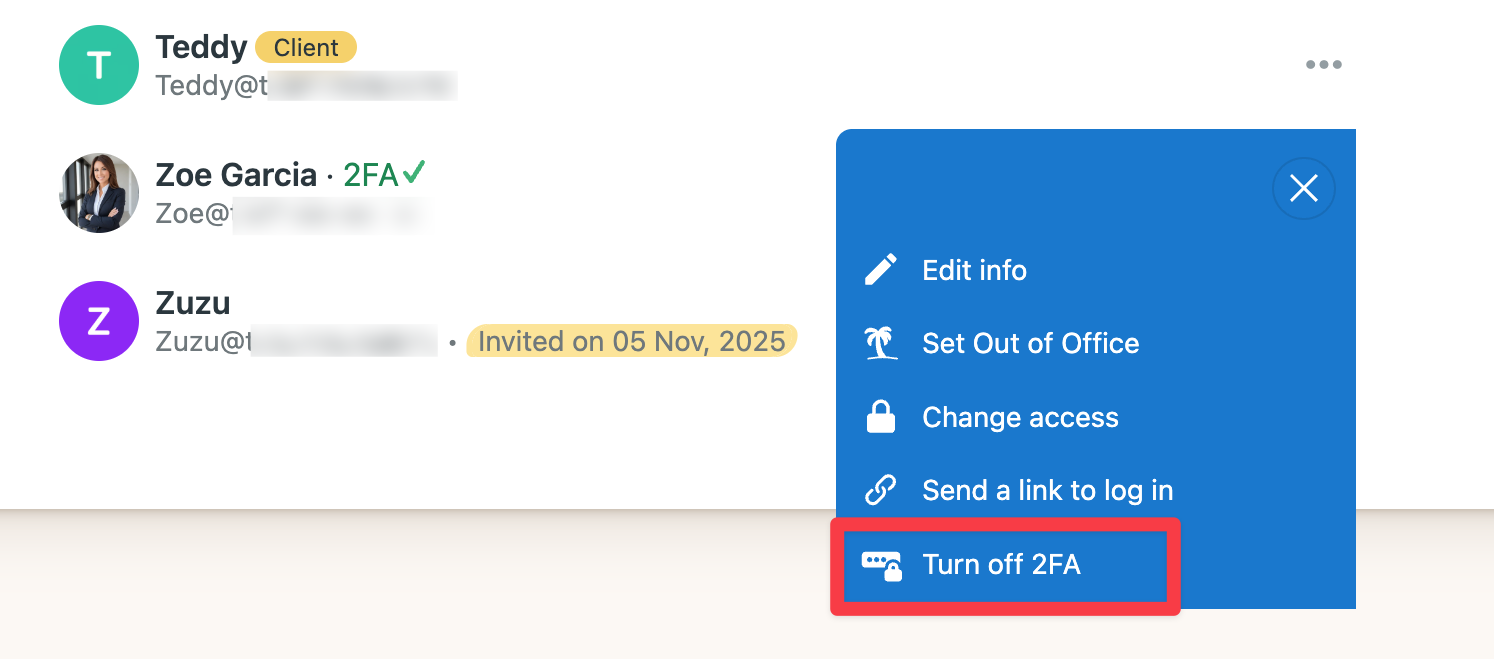 Screenshot of a user's profile with the more options menu expanded. The Turn off @FA option is outlined in red.