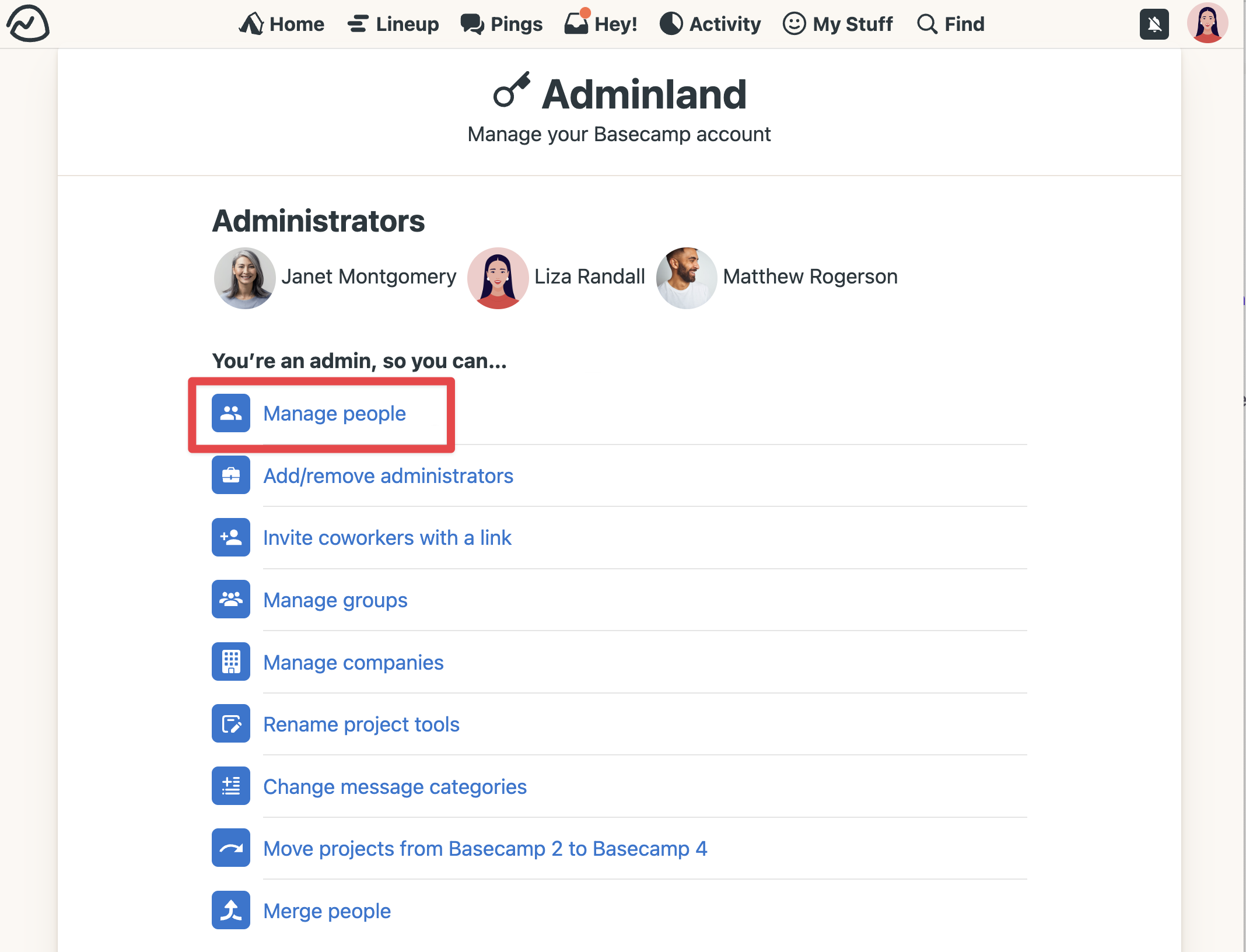 Screenshot of Adminland with the Manage people option outlined in a red box.