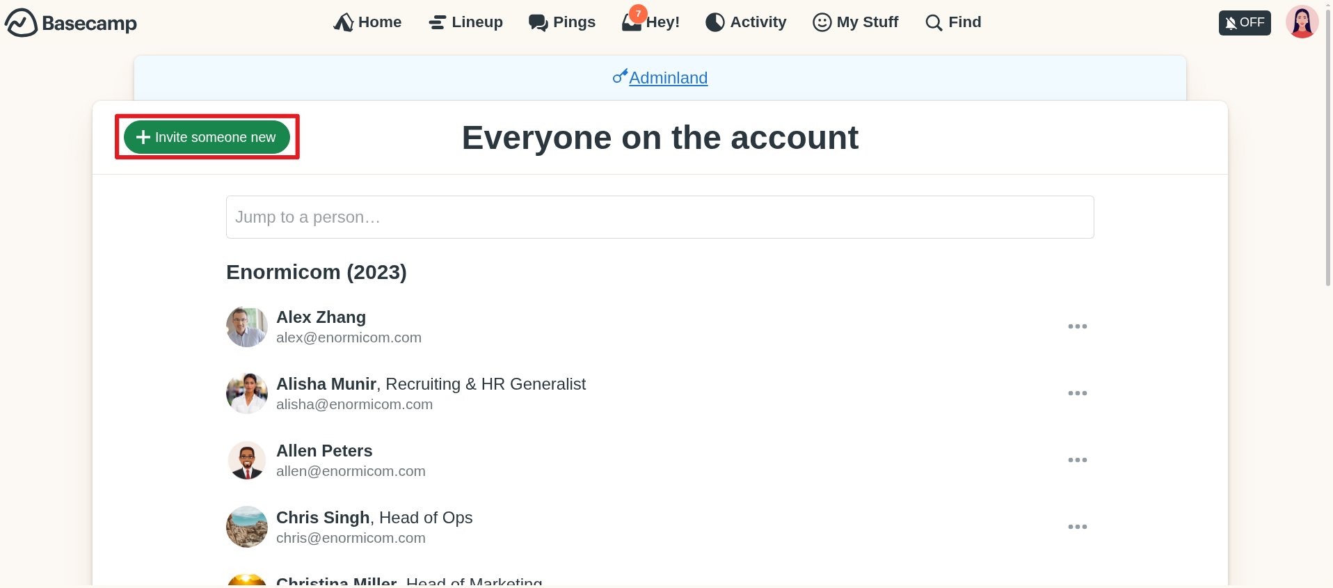 Everyone on the account page with 'Invite someone new' link highlighted.