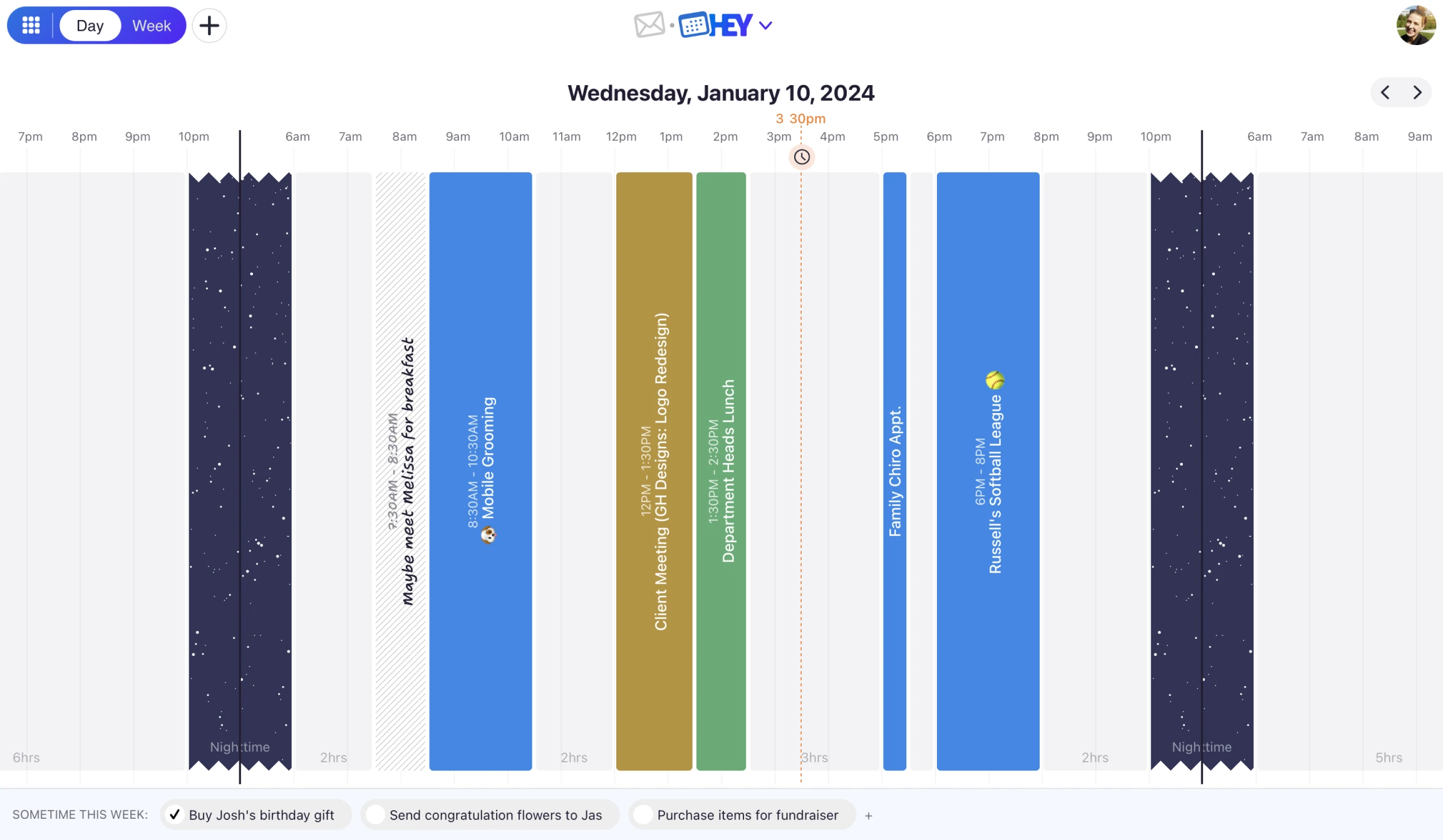 An image showing day view in hey calendar, with events spanning the day