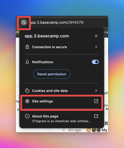 Screenshot of Chrome's View site information menu with the Site settings option outlined in a red box. The View site information located to the left of the website's URL is also highlighted in a red box.