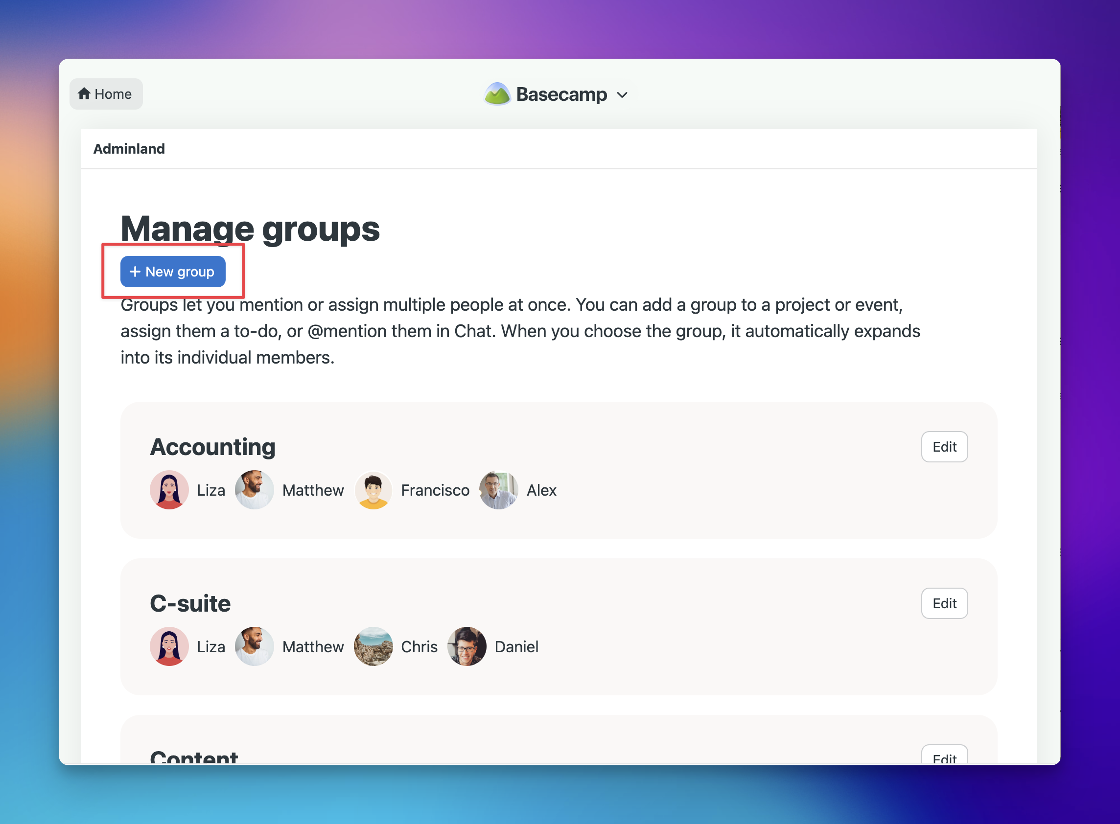 A screenshot of the Groups page with a highlight around the
