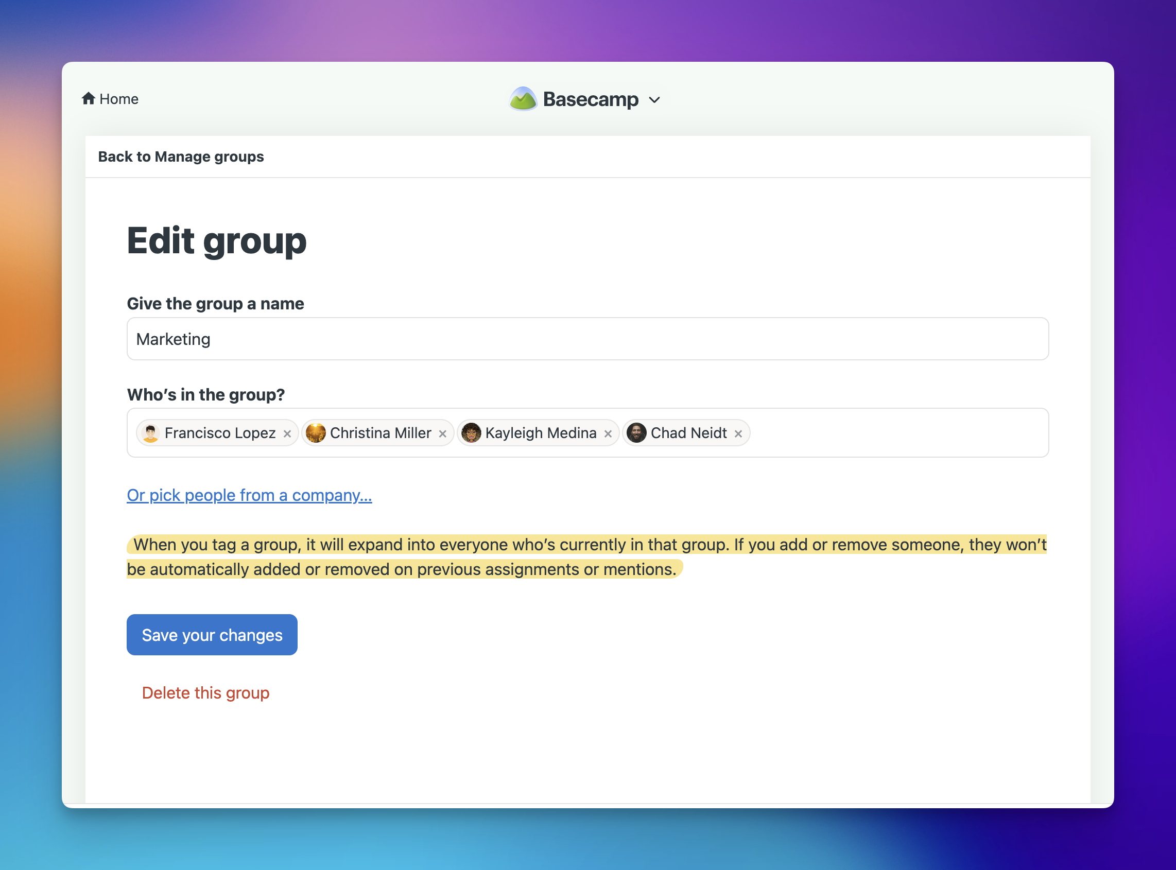 A screenshot of the 'Edit group' page, with fields for the group name and Who's in the group.