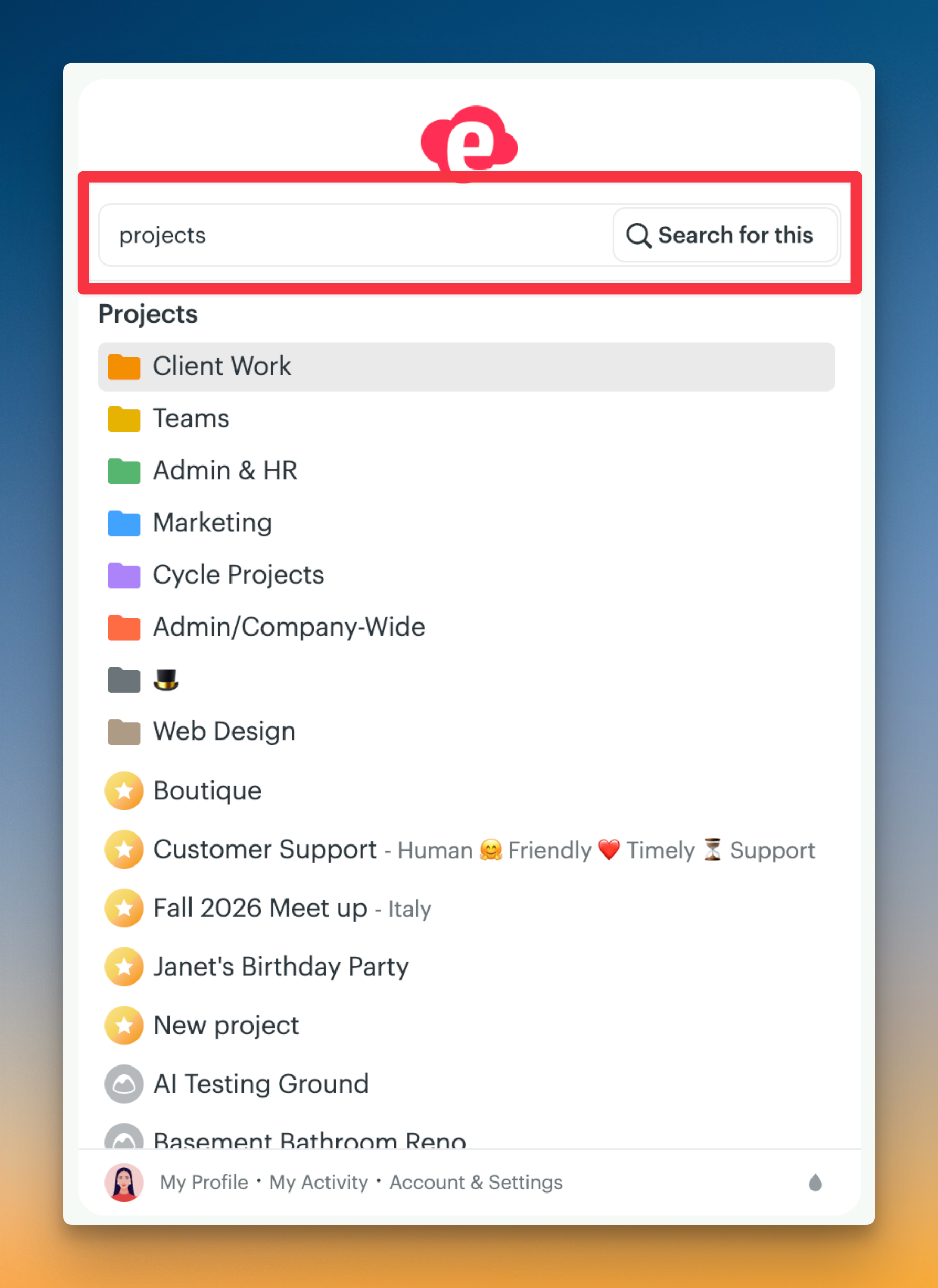 Screenshot of a user's project list after typing the word projects in the search bar.