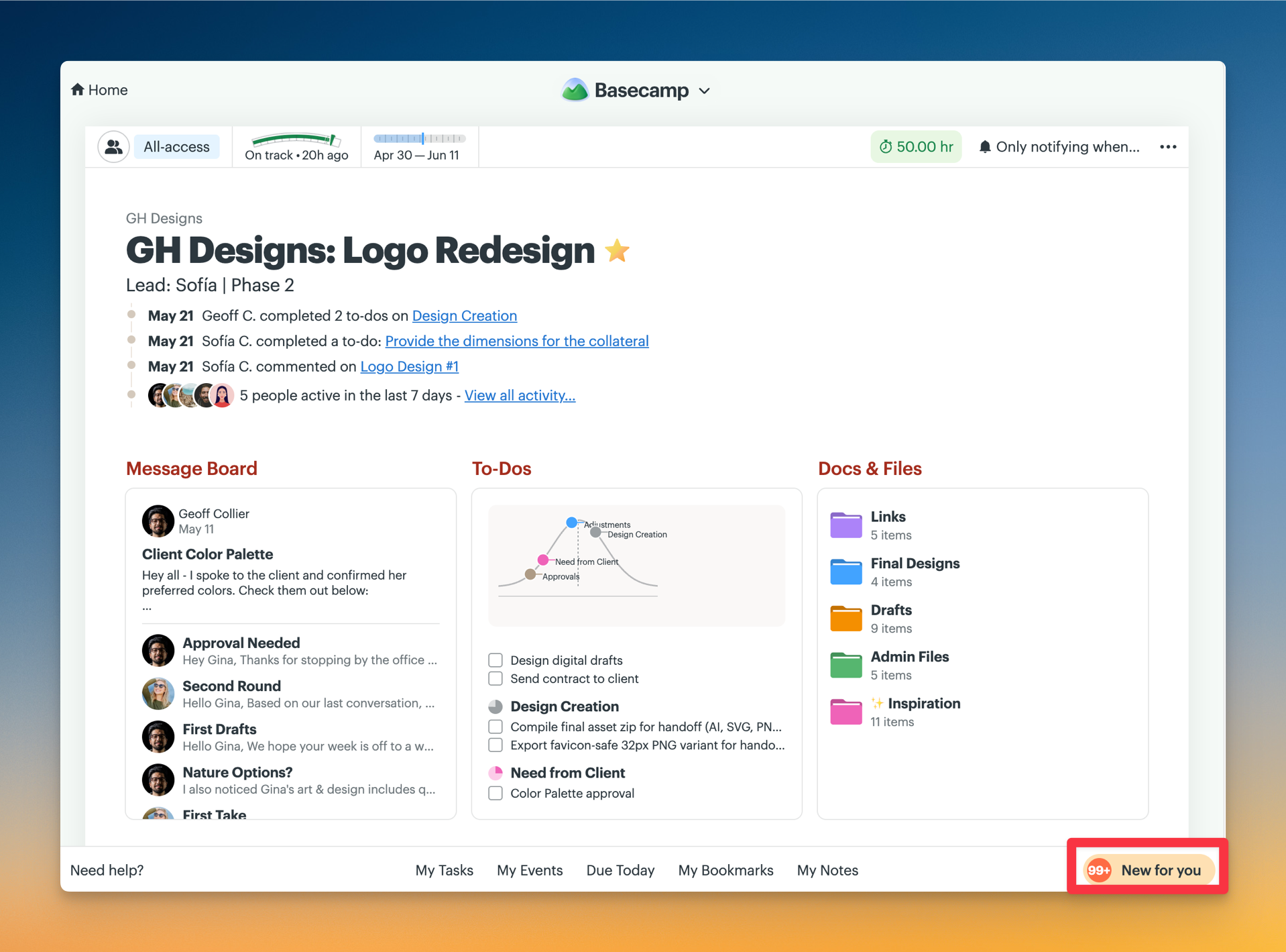 Screenshot of a project with the New for you banner outlined in a red box.