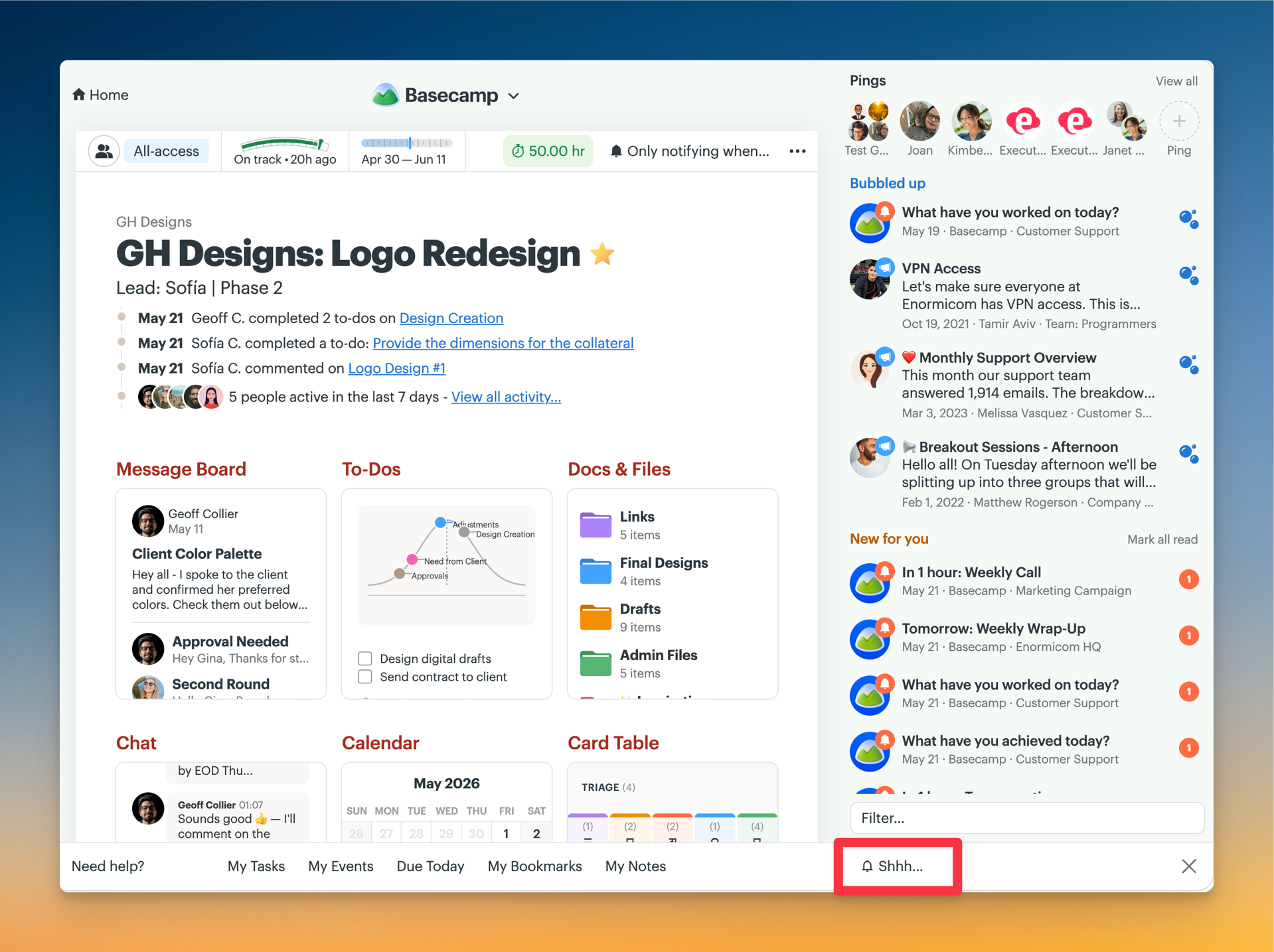 Screenshot of a project with the notification sidebar opened, The Shhh... is outlined in a red box.