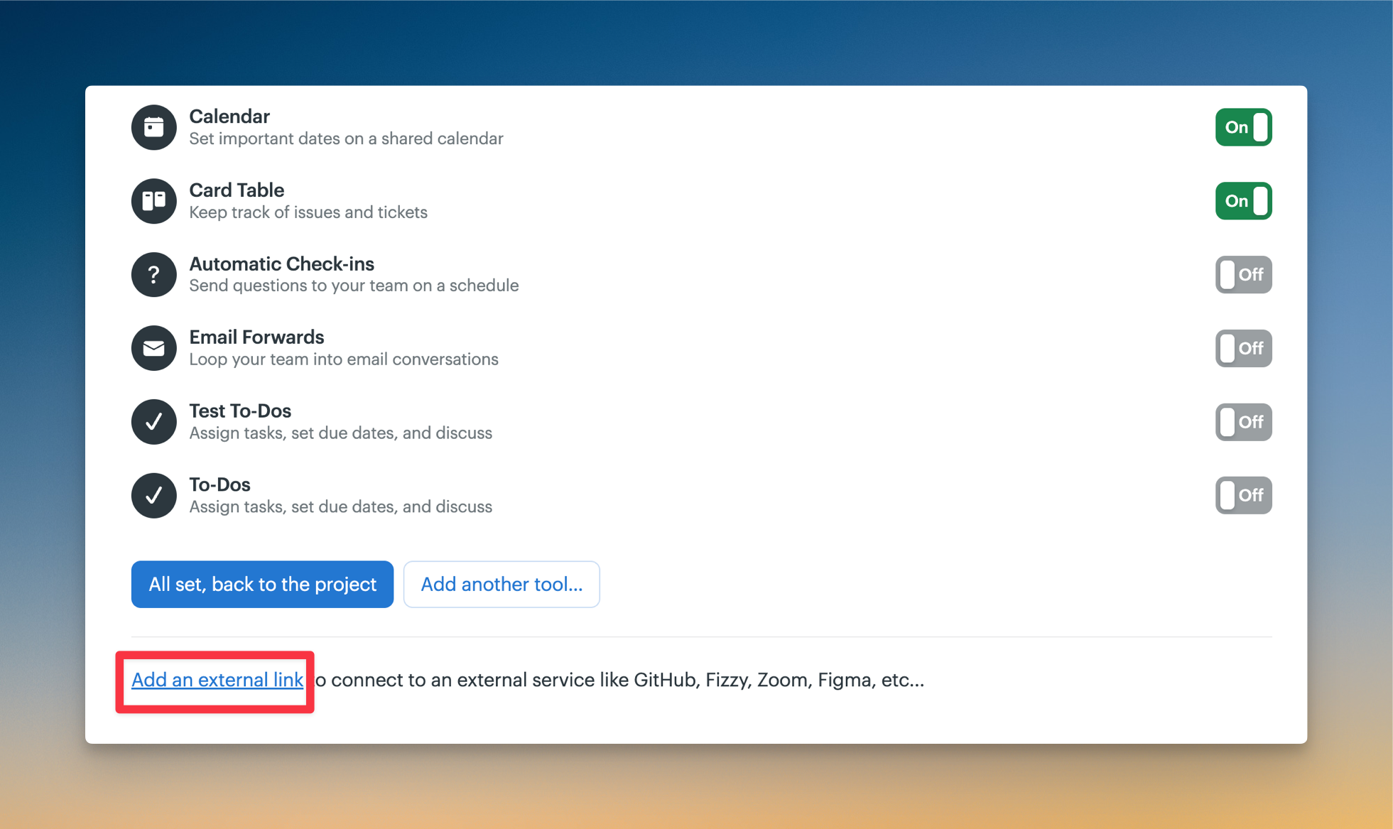 Screenshot of the the customize project tools page with the Add an external link outlined in a red box.