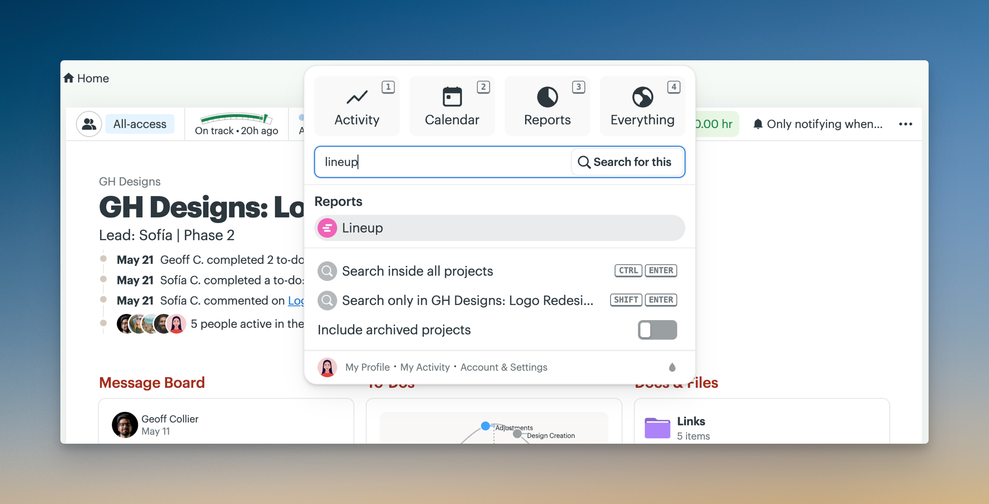 Screenshot of the search results for the keyword Lineup. The Reports option is also seen at the top of the menu.