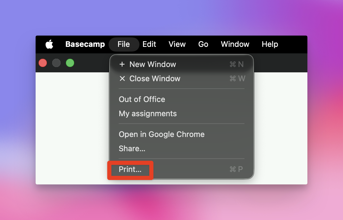 a screenshot with a box showing the print option in the file menu on the basecamp app