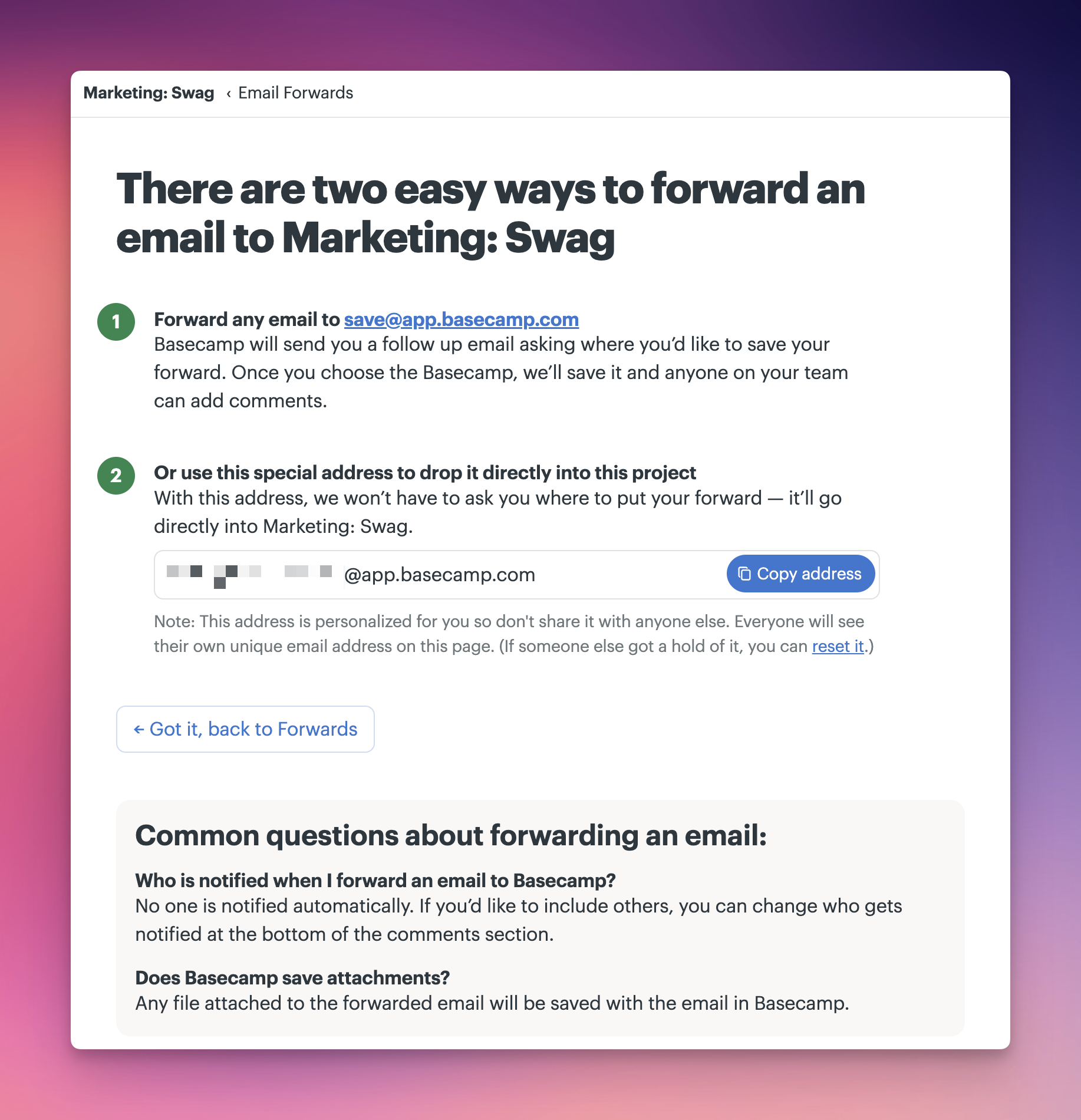 a screenshot of the email forward tool showing the project specific email address