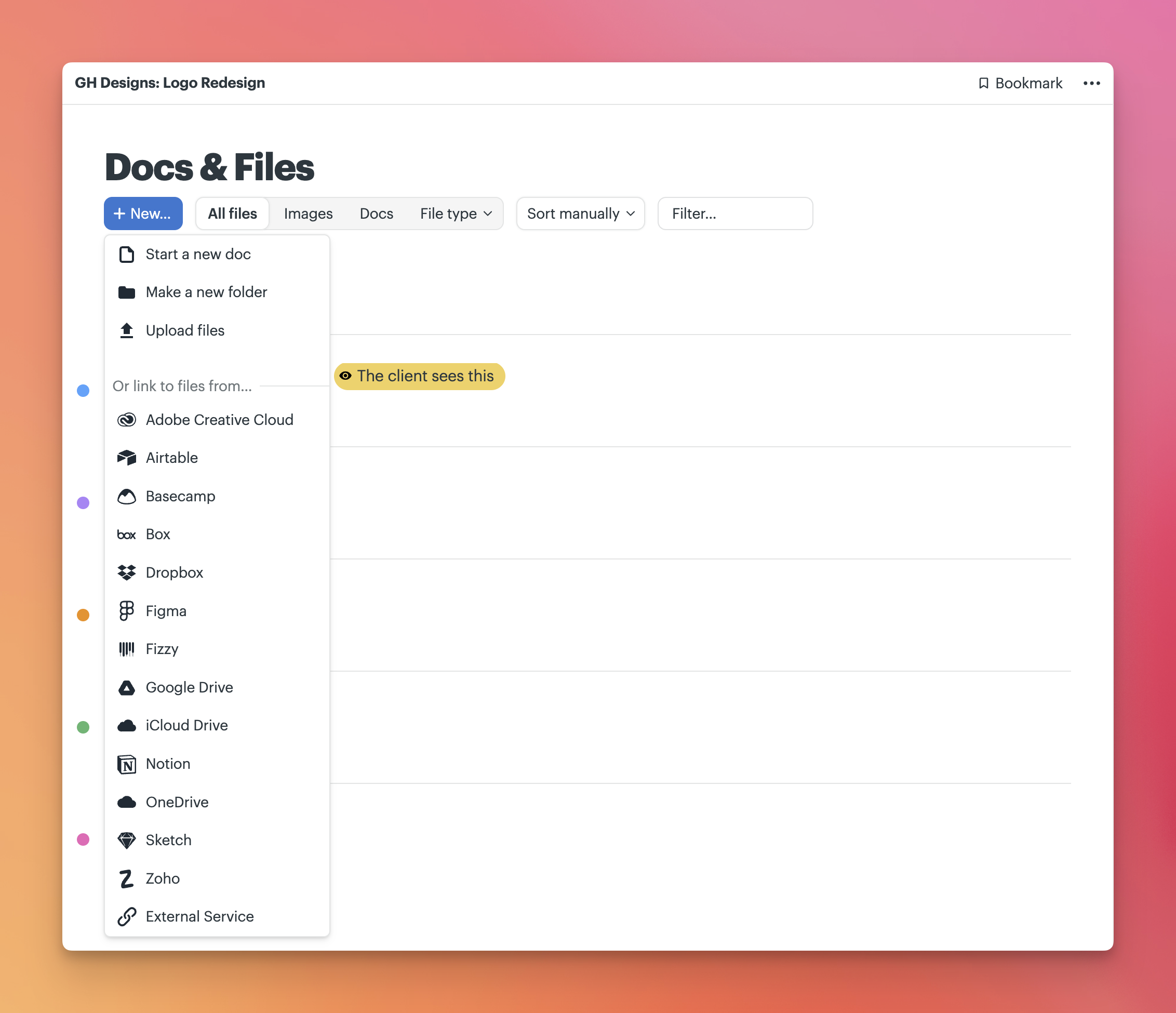 a screenshot showing the new menu on a doc and files tool