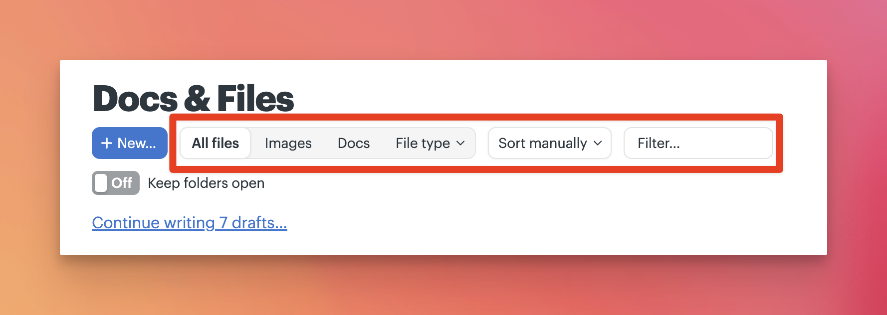 a screenshot of a box around the filtering options for docs