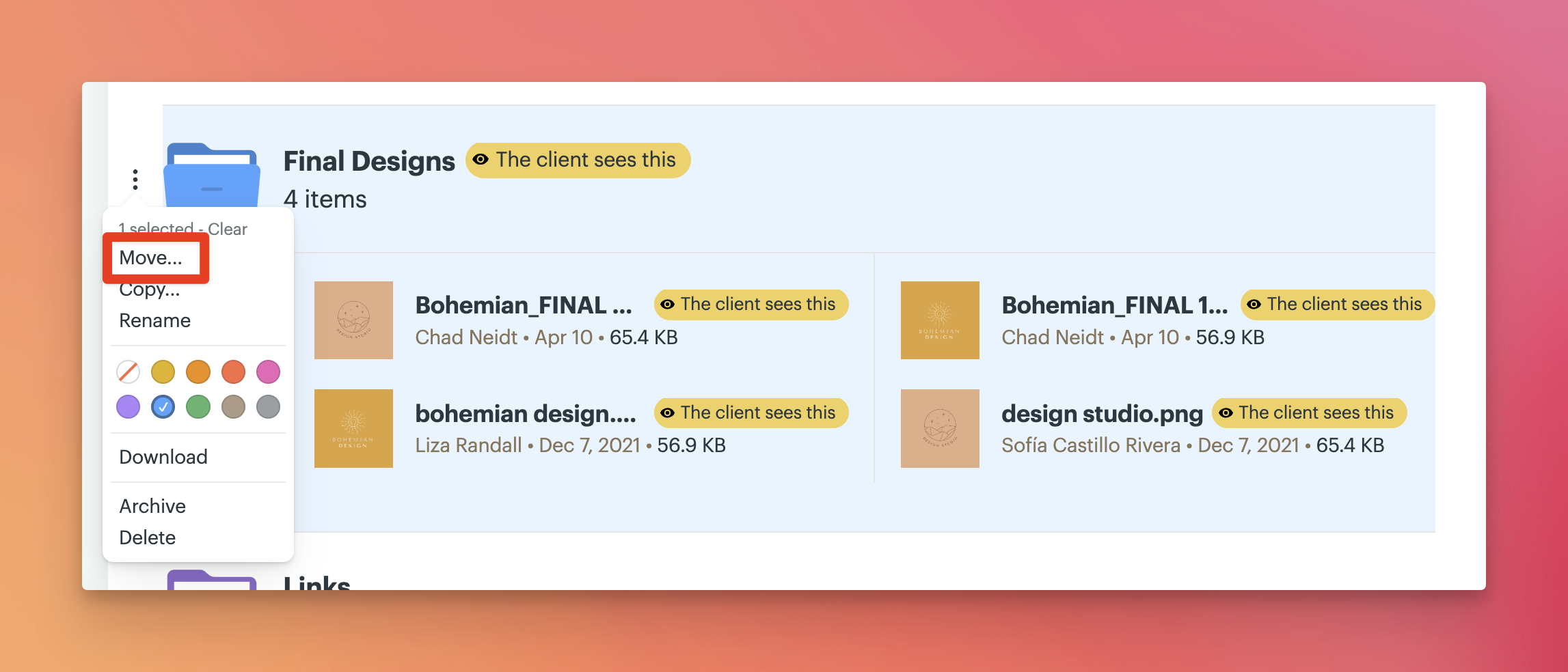 a screenshot showing a box around the move option in the docs menu
