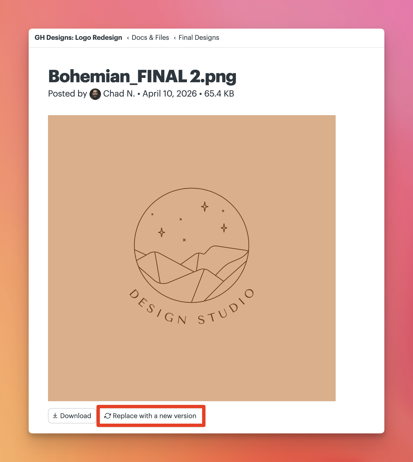 a screenshot of a box around the replace with a new version link on a doc