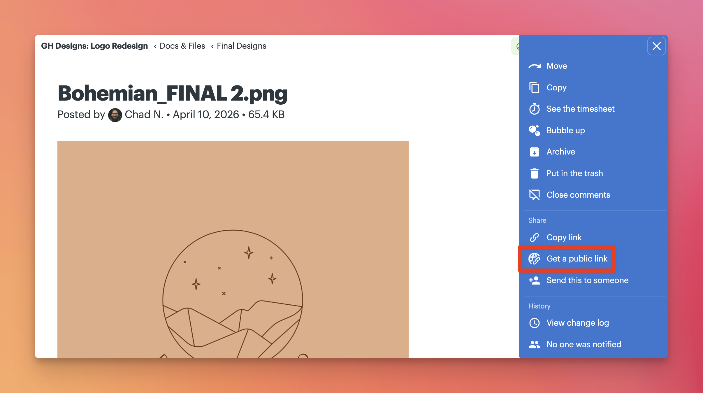 a screenshot of a box around the get a public link option in the menu