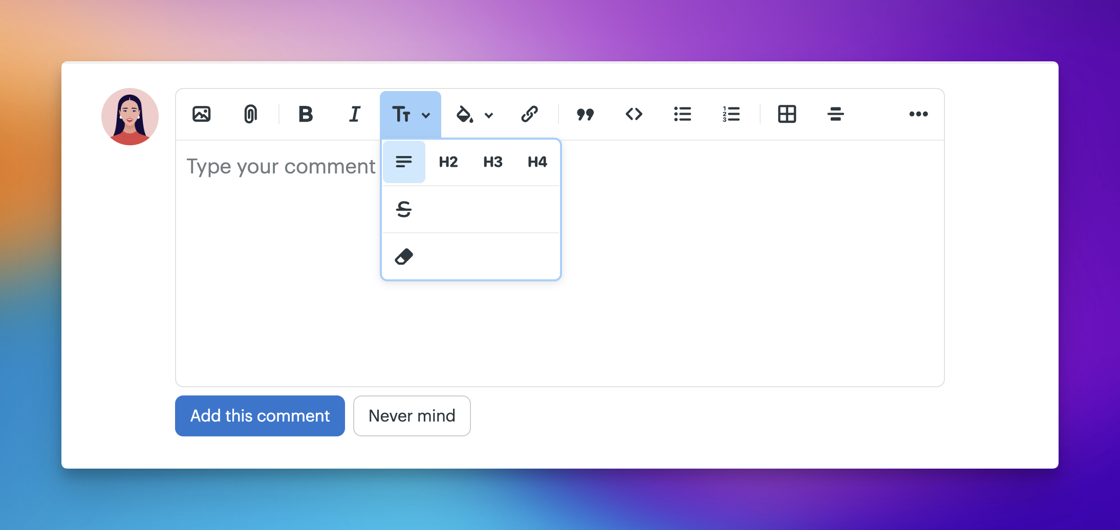 screenshot of the text formatting toolbar with Tt dropdown open showing all options