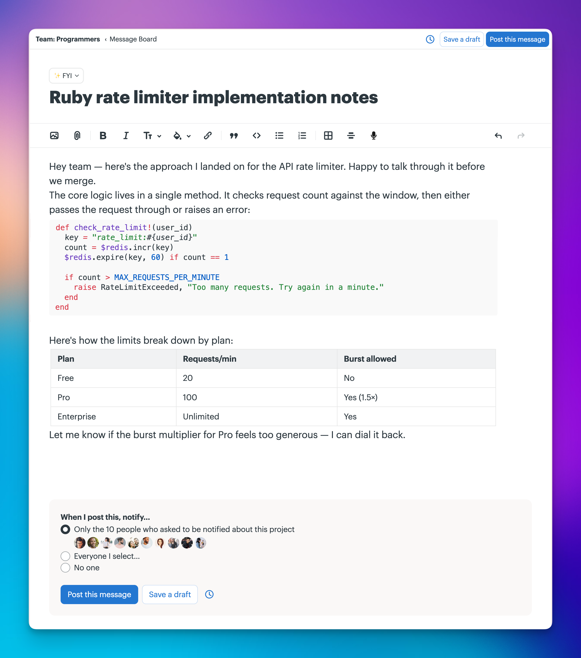 A screenshot of a message with code block and table