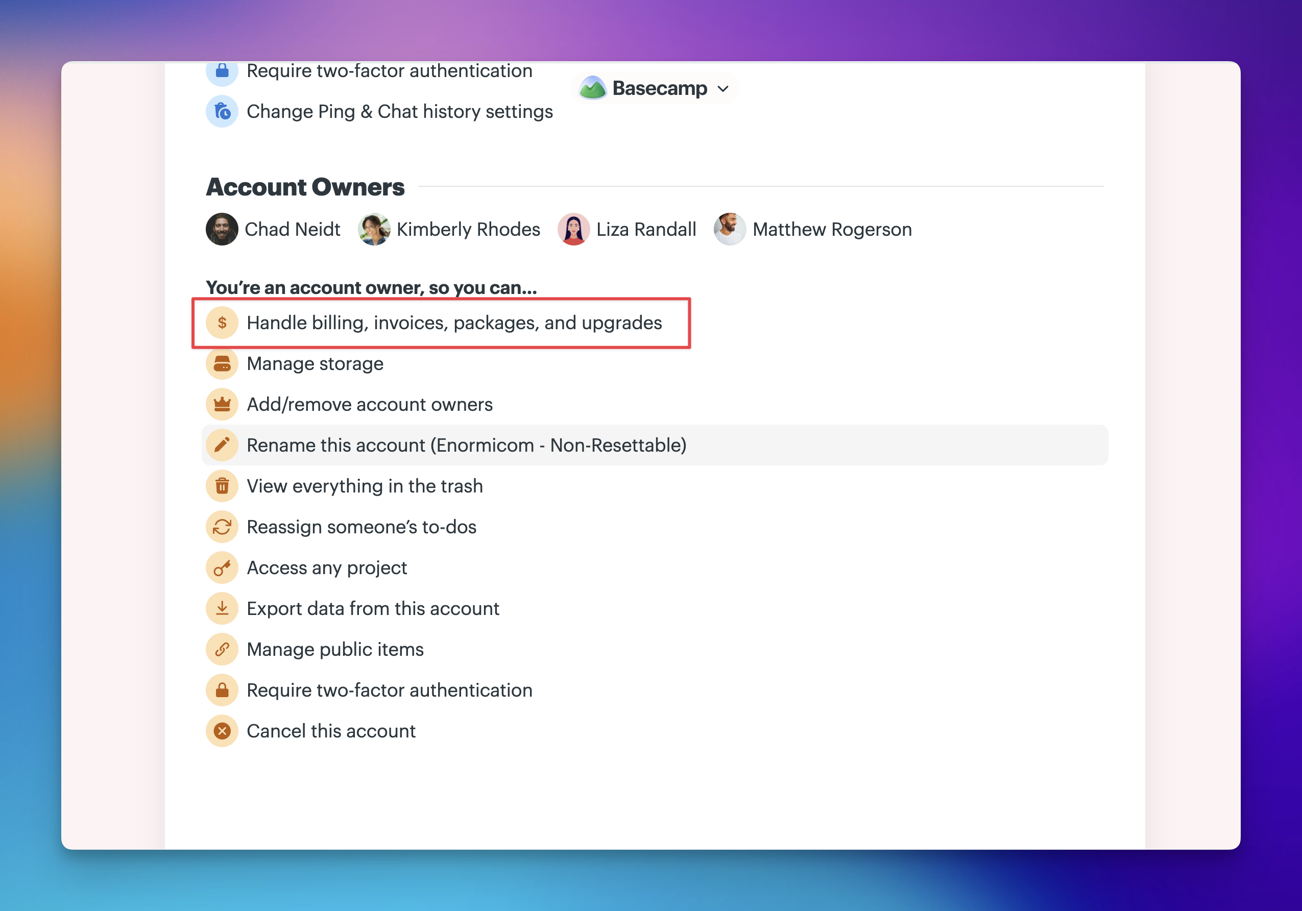 Screenshot of the Adminland page with Handle billing option highlighted