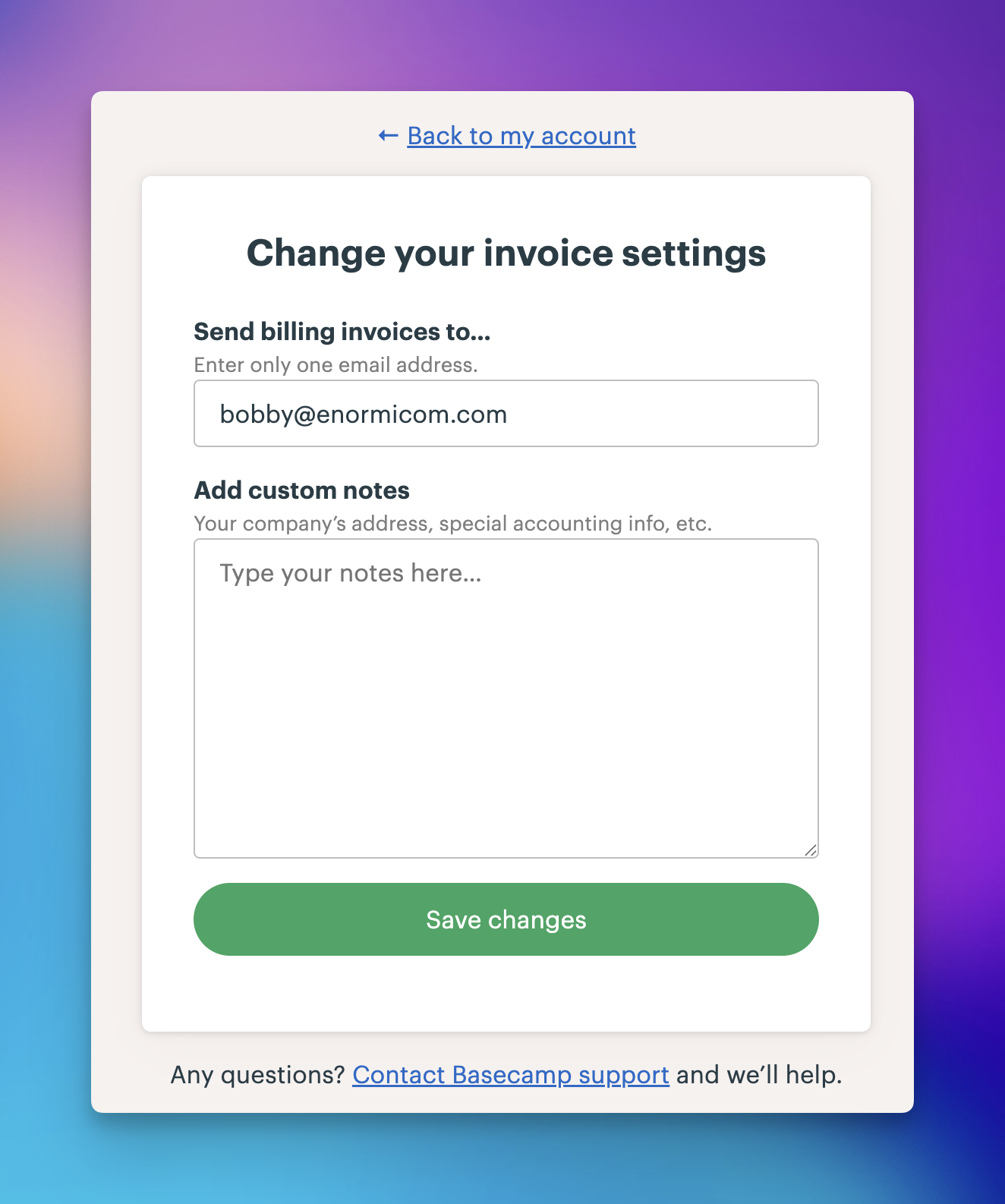 A screenshot of the form to change who gets invoices and add notes.