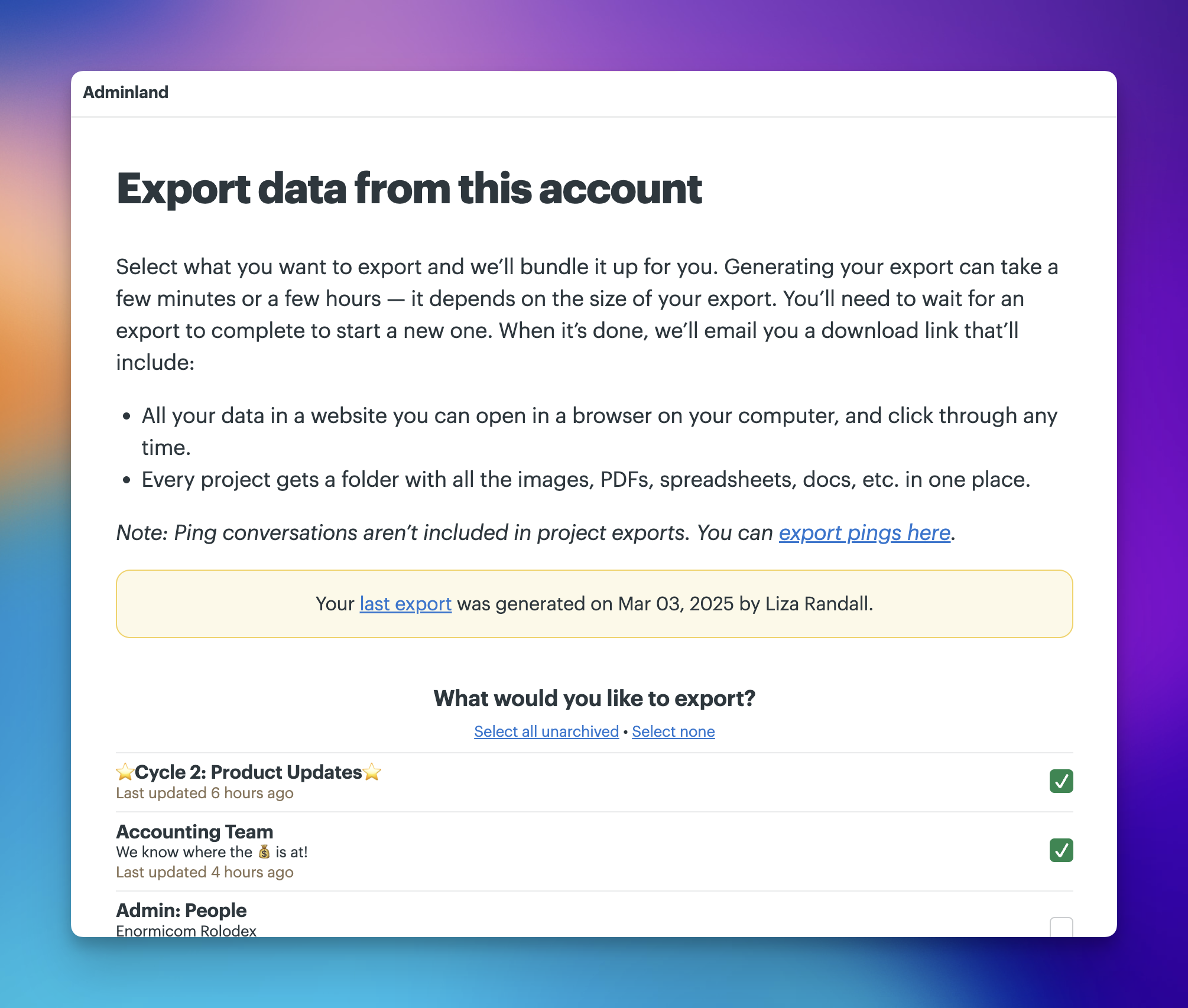 A screenshot of the Export data page showing project list with checkboxes
