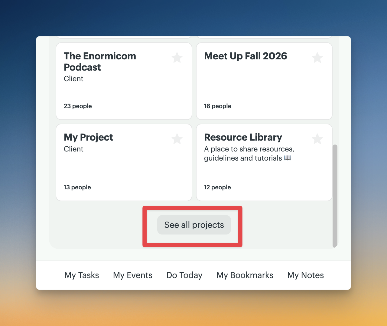 Screenshot of the See all projects button outlined in a red box.