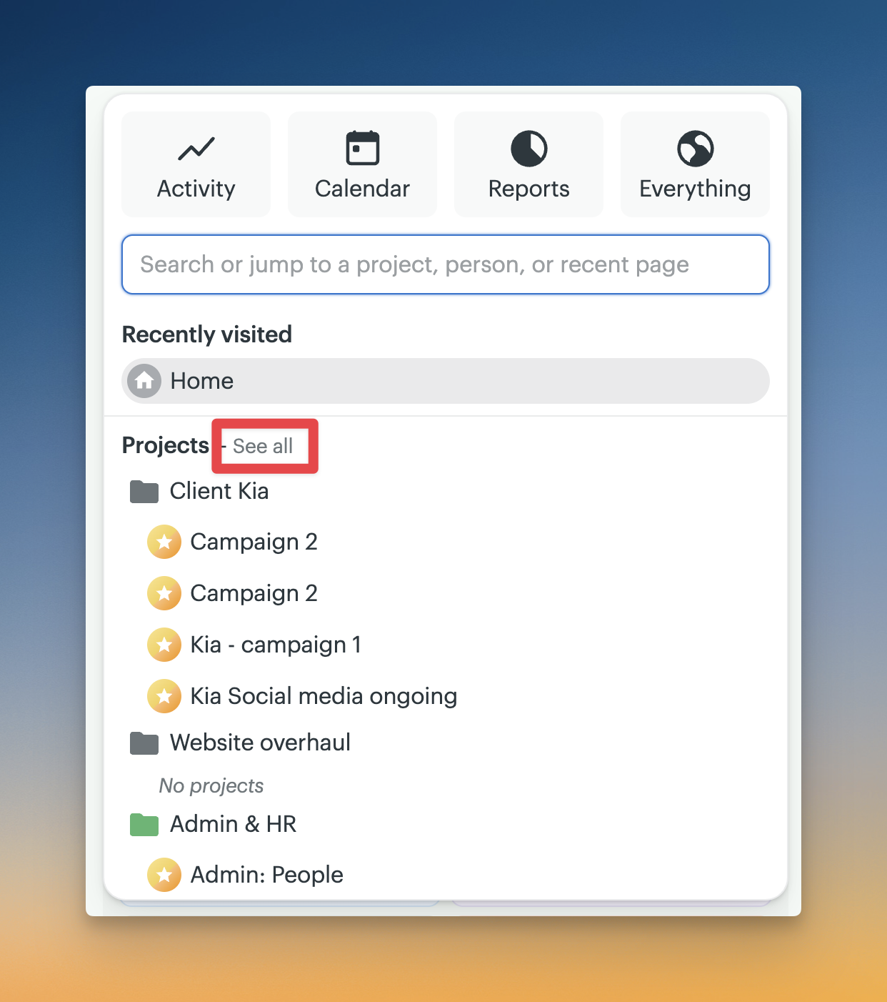 Screenshot of the Basecamp menu with the See all link outlined in a red box.