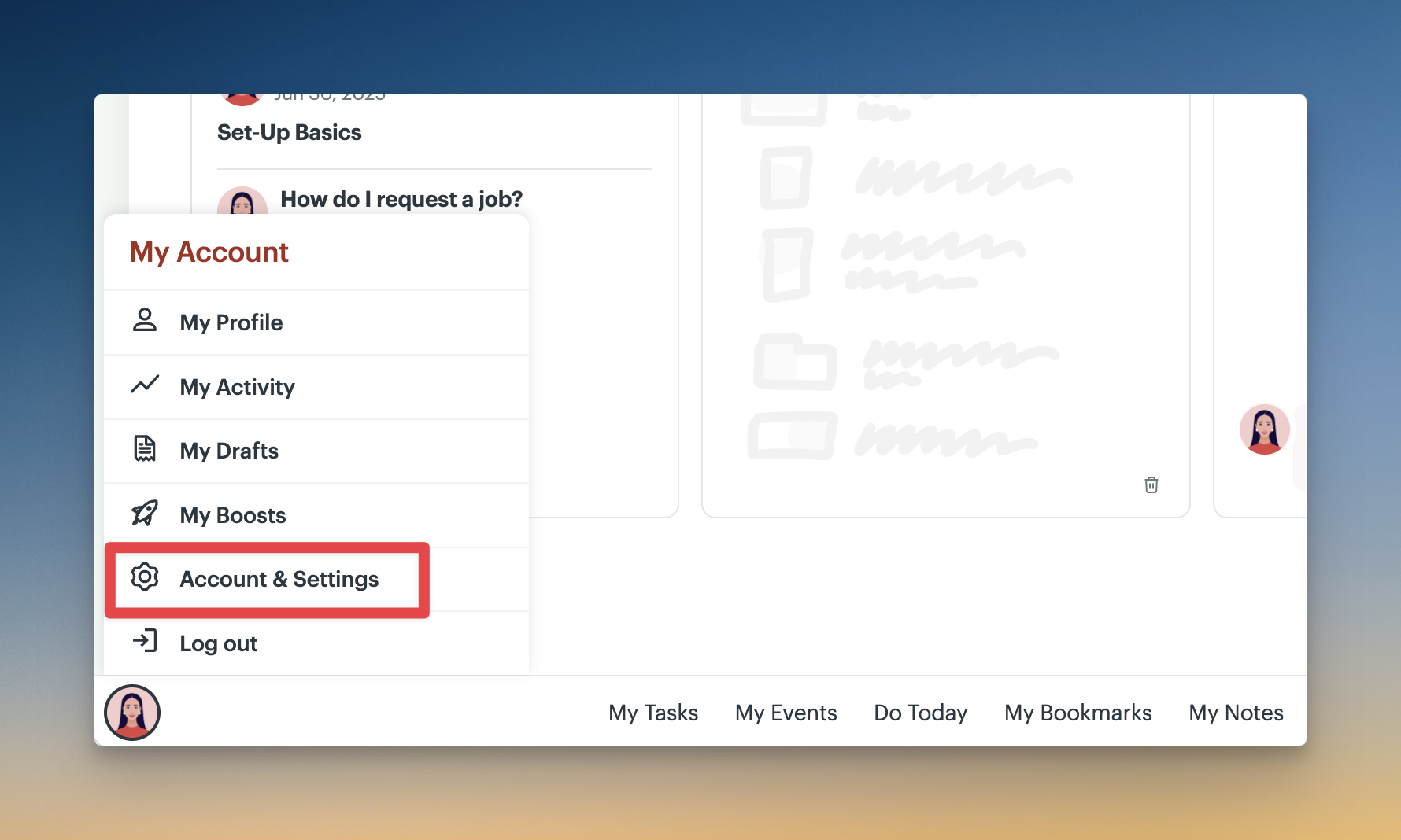 Screenshot of a user's My account menu opened. The Accounts and settings option is outlined in a red box.