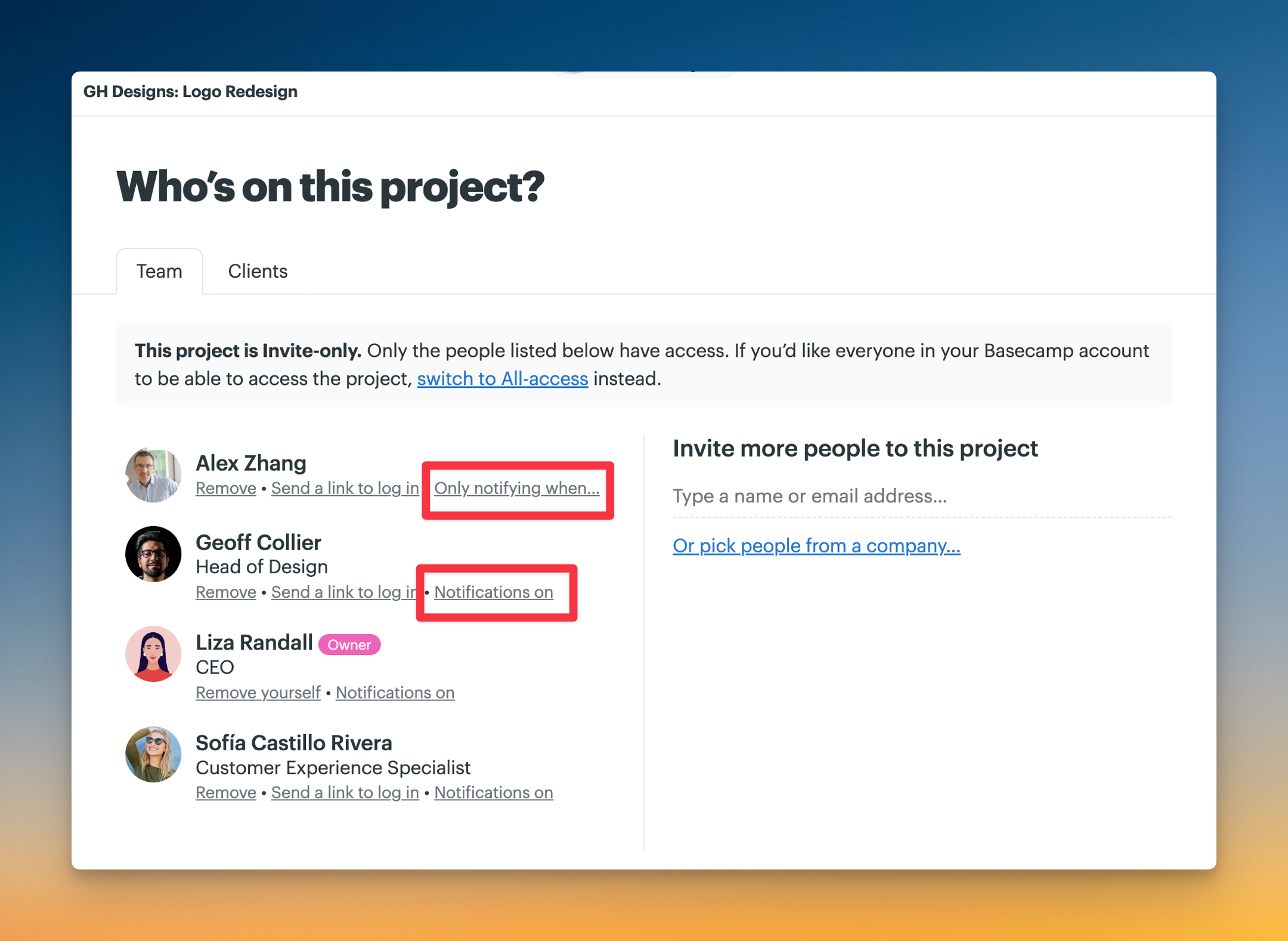 Screenshot of the Who's on the project page with the Only notify when and Notifications on links outlined in red boxes.