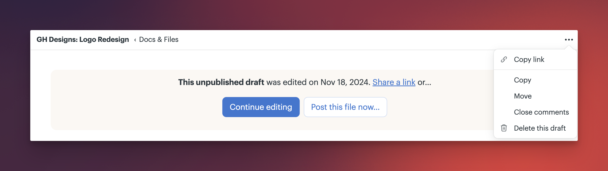 a screenshot showing the continue editing, post now, and delete options on a draft