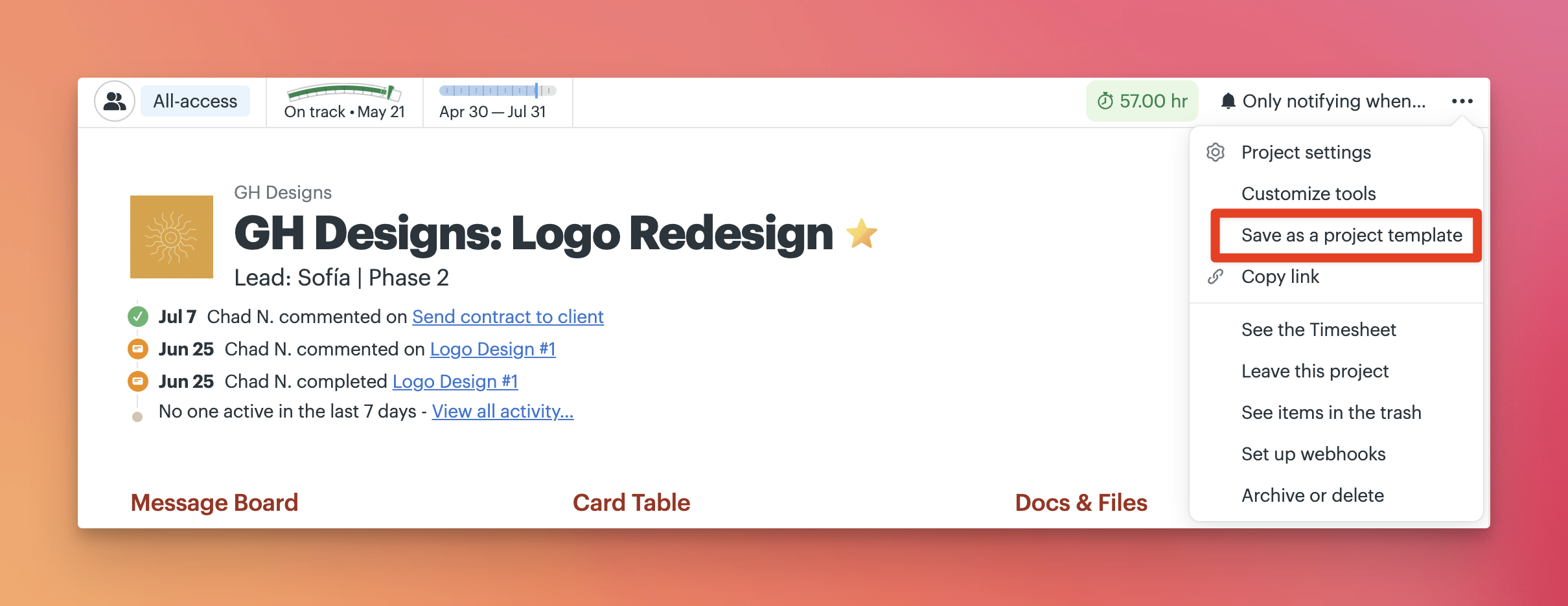 a screenshot with a callout to the menu where you can choose to save as a project template