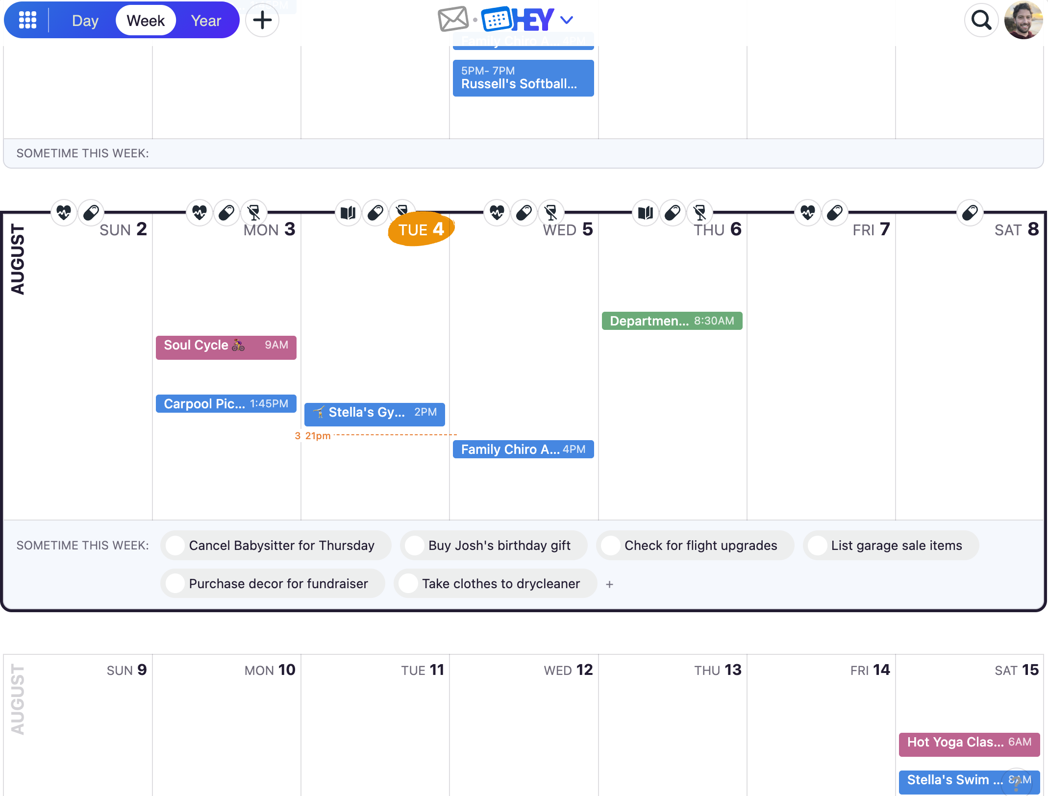 Screenshot of the HEY calendar Week view. The current week is outlined in a black box and sits right in the middle of the screen. You can also see previous and future weeks in this view.
