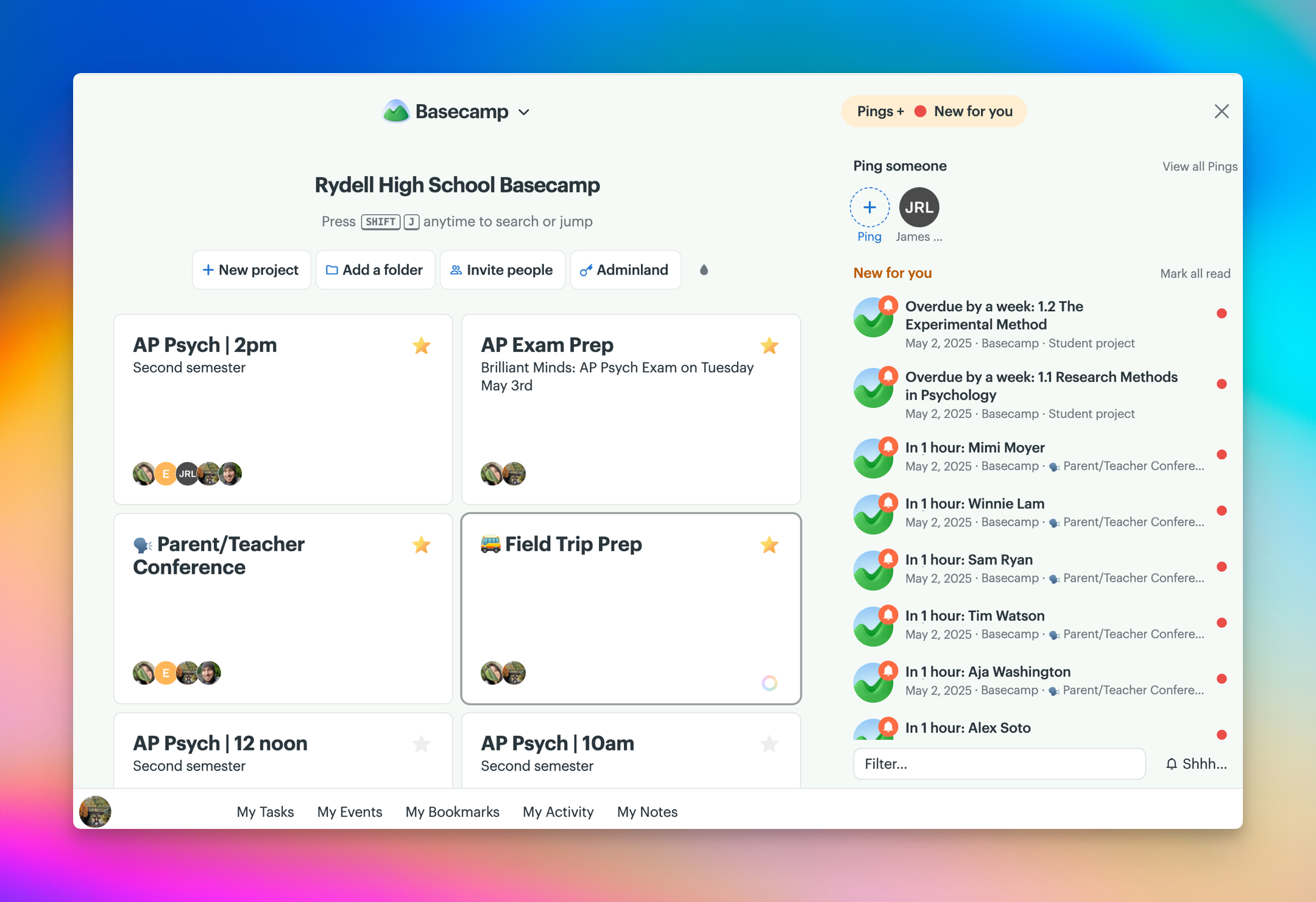 Screenshot of a teacher's Home page showing several project cards and the notification sidebar is opened showing overdue and upcoming tasks.