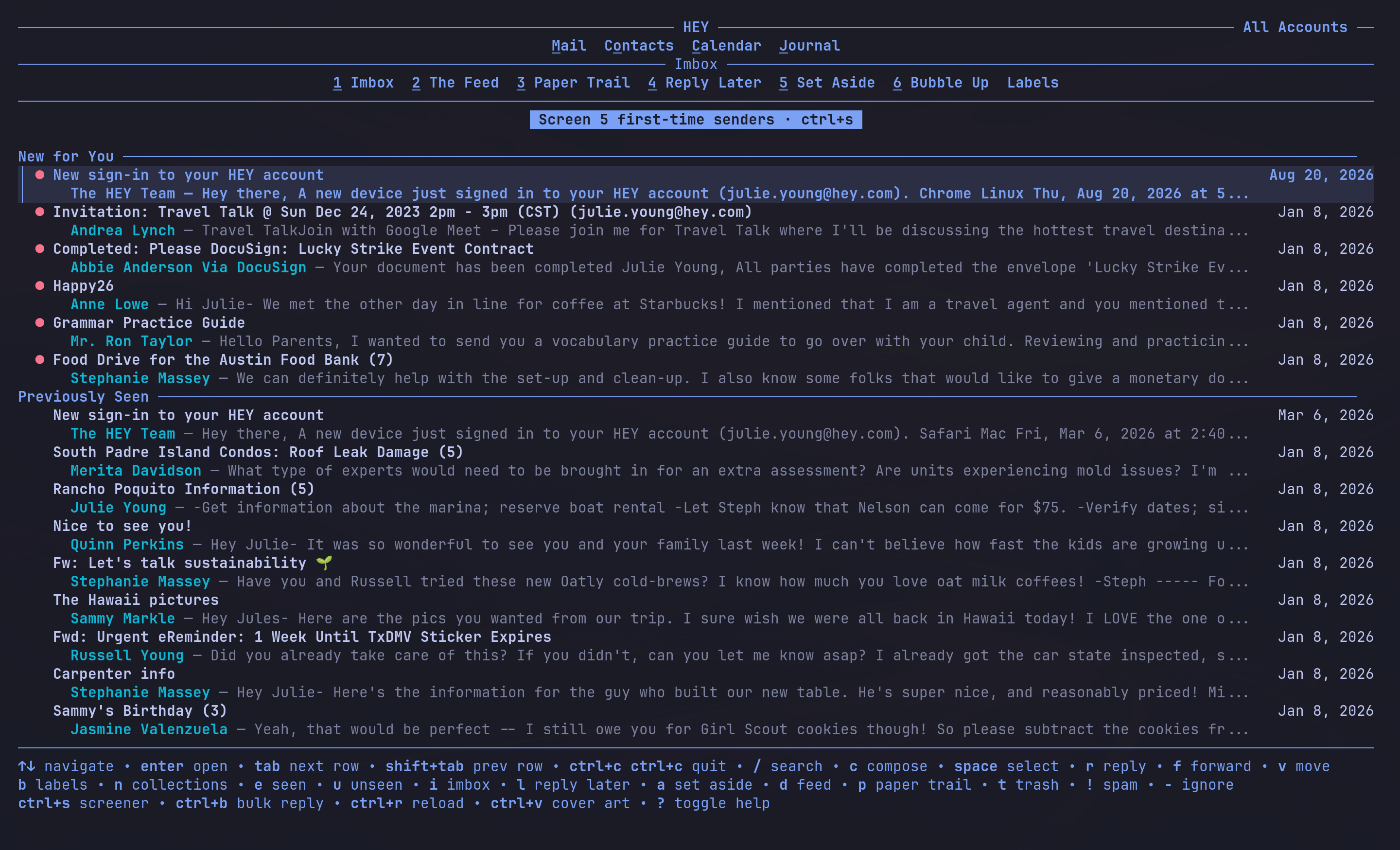 A screnshot of a terminal window with a HEY account open in the HEY TUI. Emails are listed along with the dates.