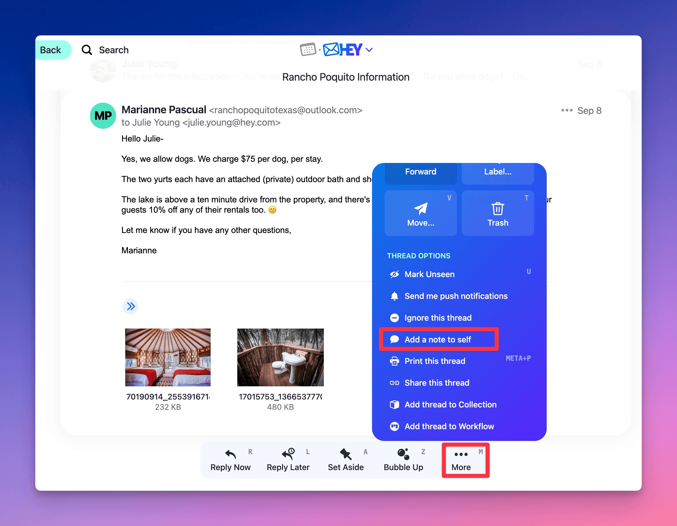 Thread view with the ••• More menu open, Add a note to self option highlighted