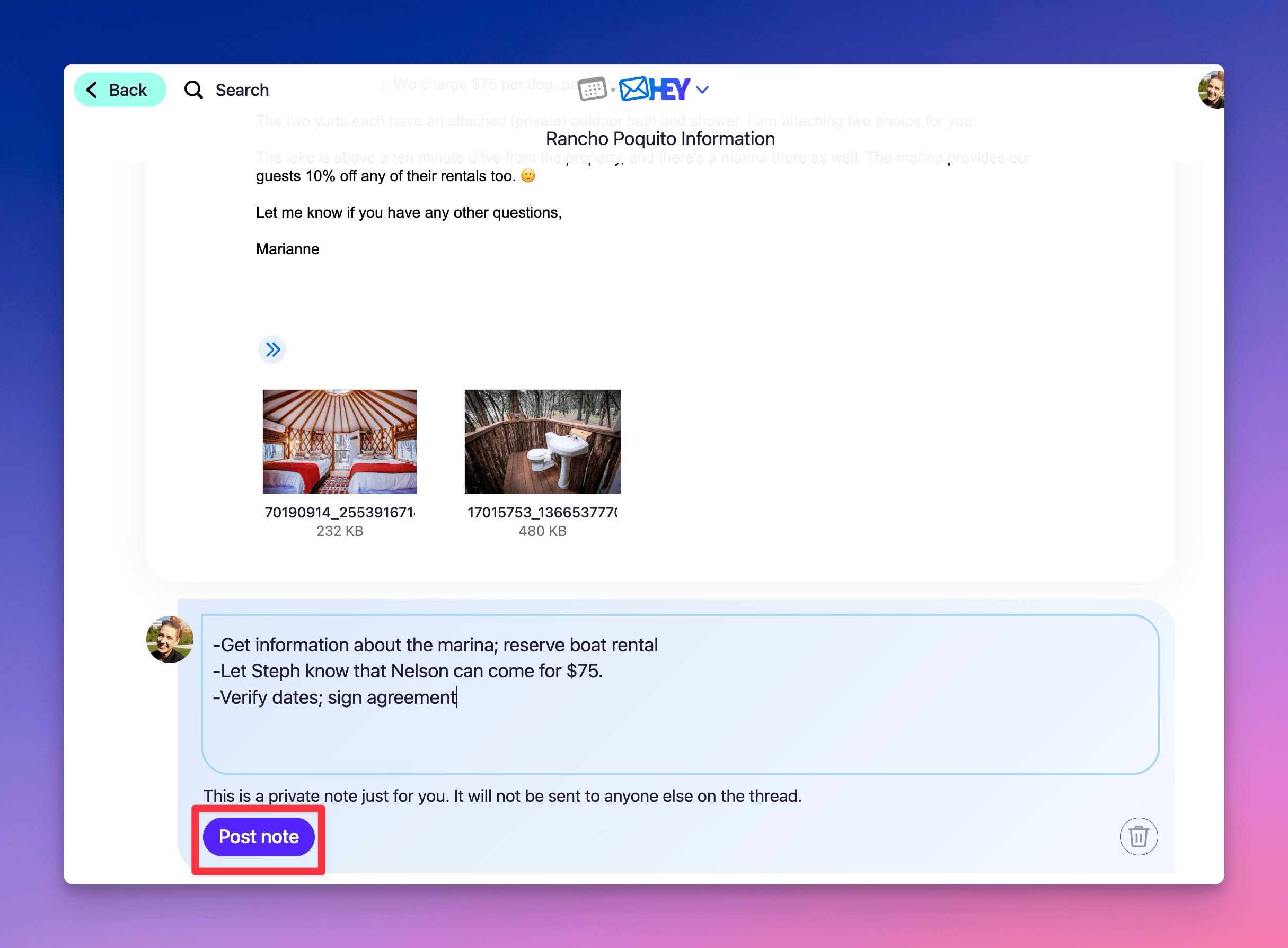 Note composer open below the thread, with the Post note button highlighted