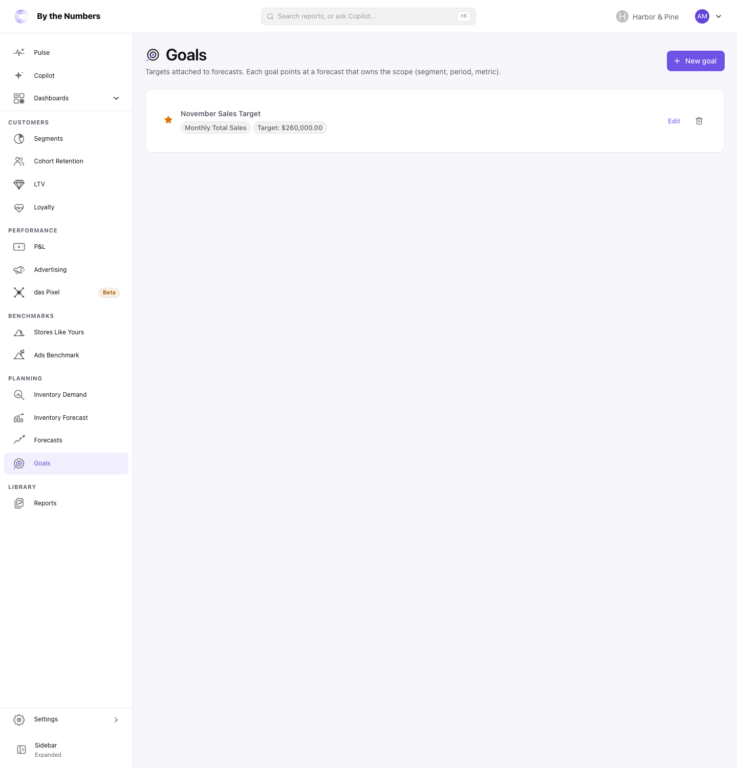 The Goals page, listing a goal with its target and the forecast it belongs to.