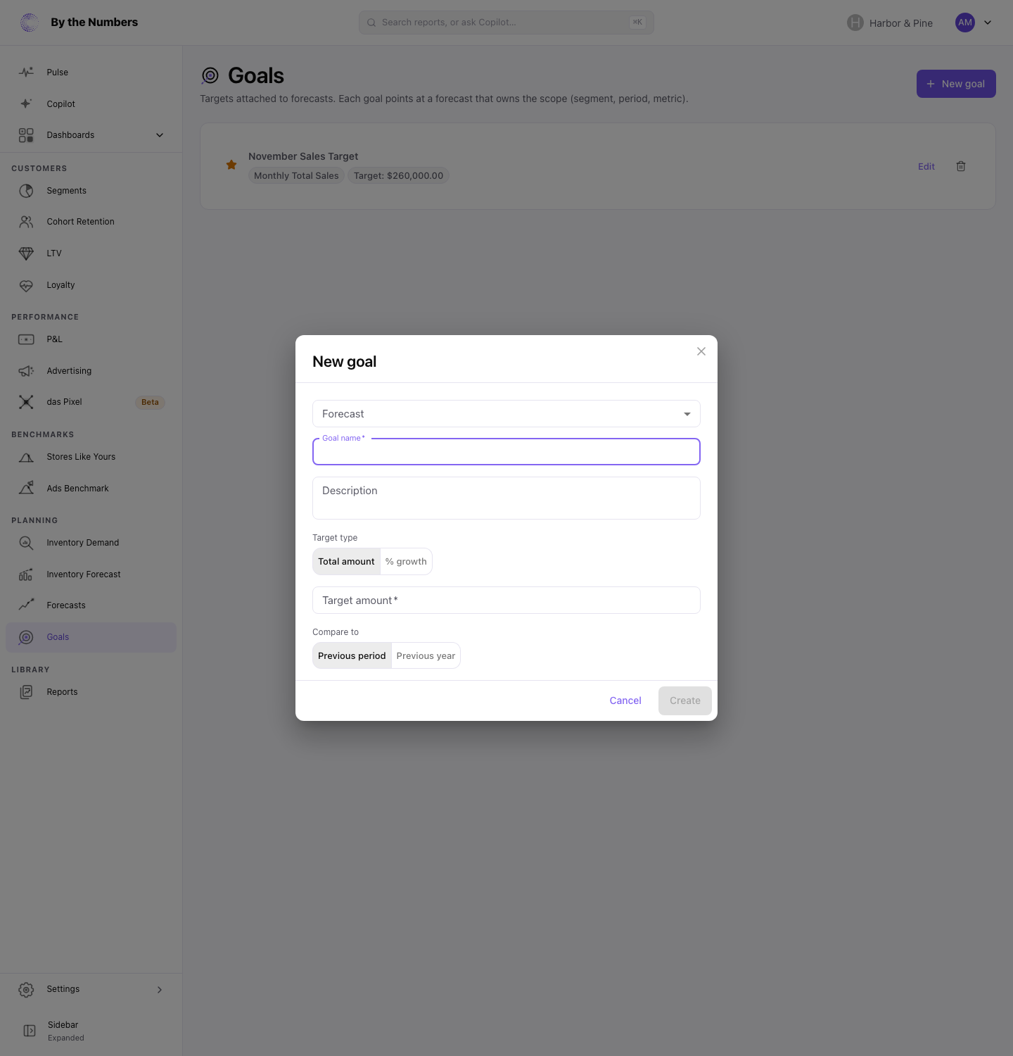 The New goal dialog, where you choose a forecast, name the goal, and set a target amount or a growth percentage.