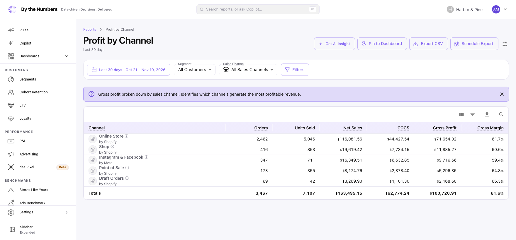 The Profit by Channel report, a table with one row per sales channel and its orders, units sold, net sales, COGS, gross profit and gross margin