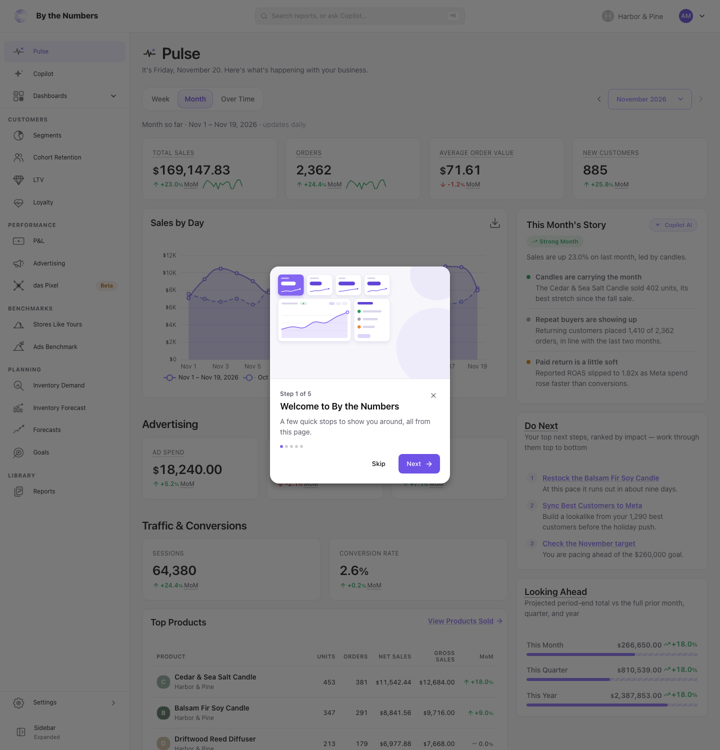 The product tour's first card in the middle of Pulse, with the page dimmed behind it, a drawing of a dashboard at the top, and Step 1 of 5