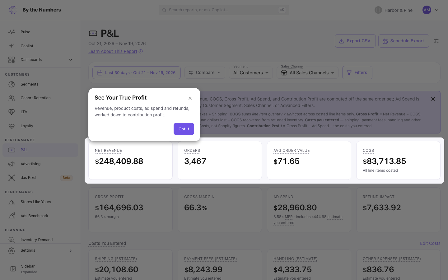 The one-time tip on the P&L, spotlighting the summary cards, with a Got It button