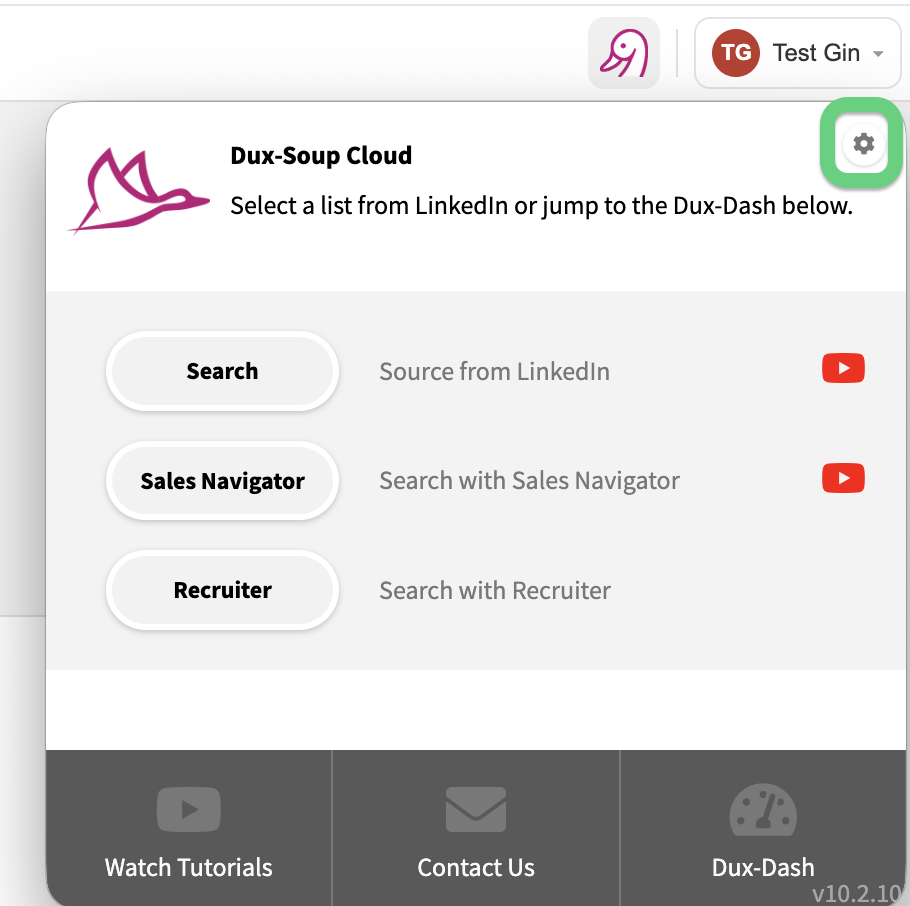 You can access Dux-Soup Options by clicking on the icon in the top right of your extension.