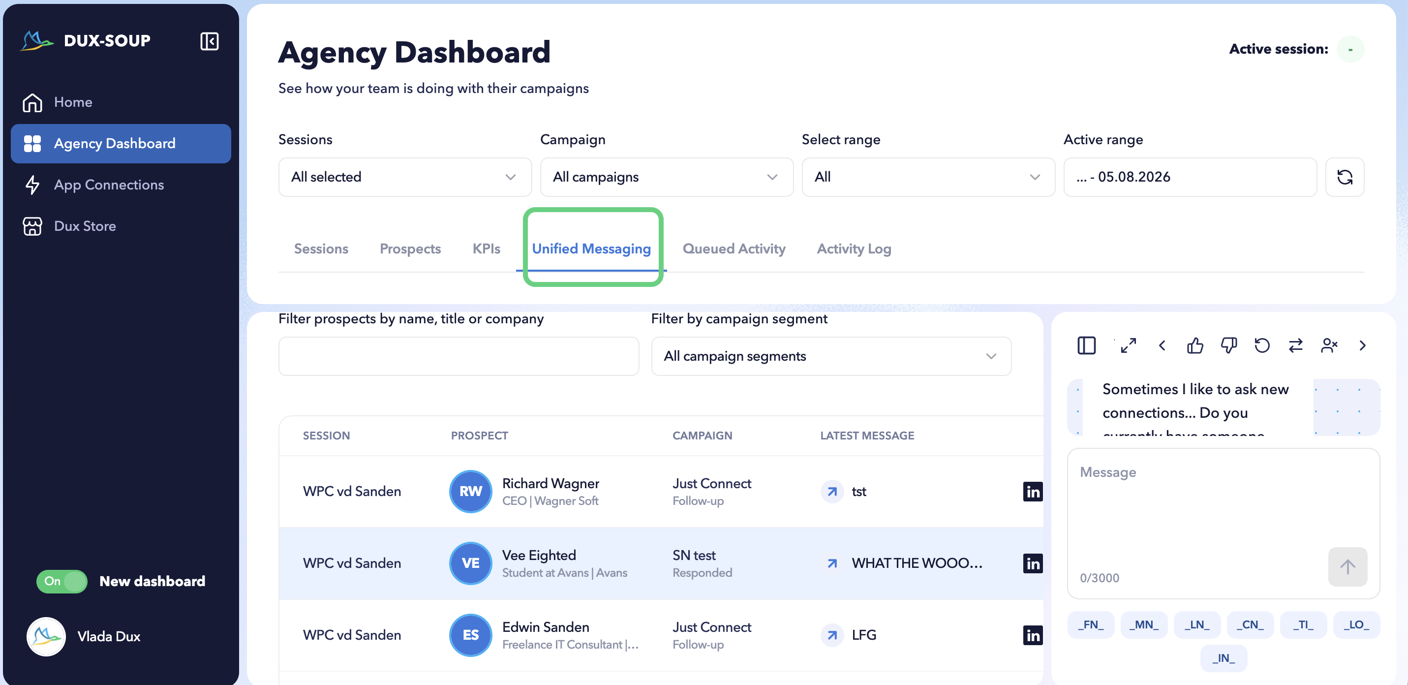 Unified Messaging combines LinkedIn messages from all selected team members into a single view. You can view messages across multiple sessions, with each message thread combining standard LinkedIn and Sales Navigator Inbox messages in one place