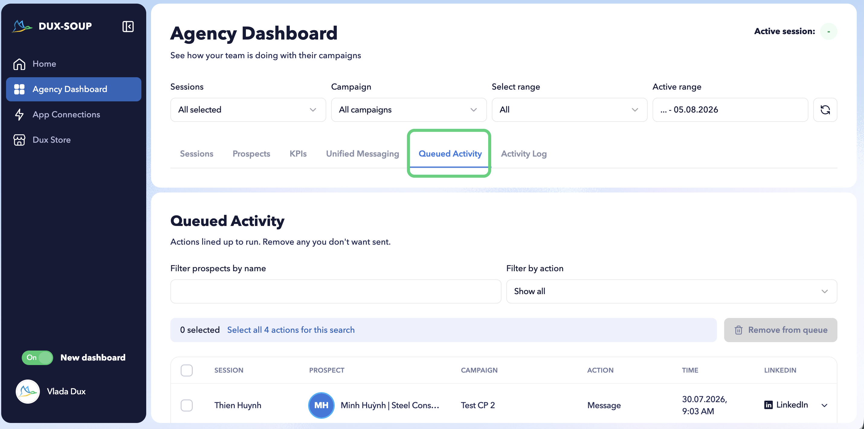 The Queued Activity panel displays upcoming scheduled actions for selected team members and campaigns.